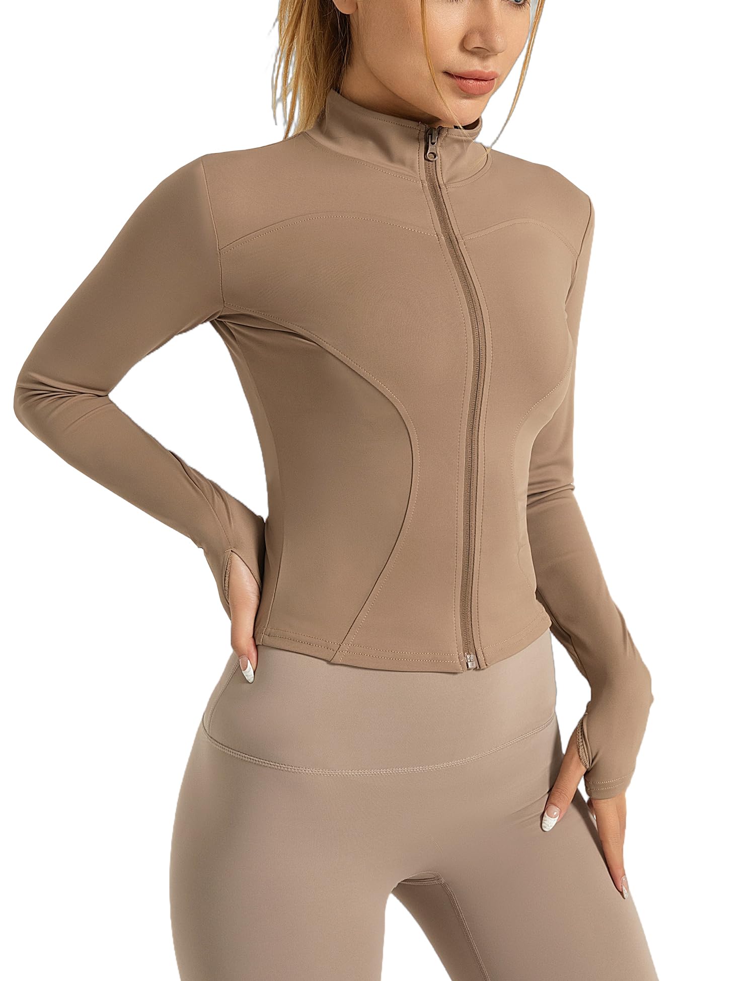 Veste de Sport Femme Léger Veste de Course et Fitness Respirante Avec Trou Pour Le Pouce Haut Zippé pour Yoga, Course à Pied et Gym