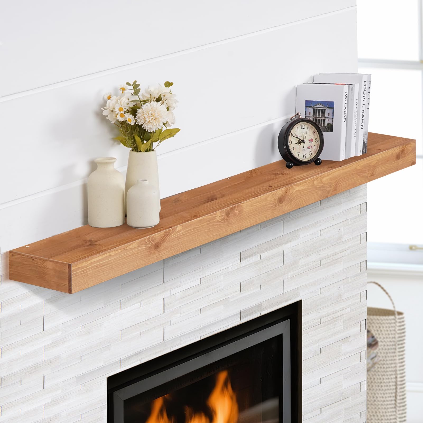 Fireplace Mantel Shelves 60inch | Solid Wood Floating Mantel Shelf - Rustic Farmhouse Wall Shelf with Invisible Brackets & Heavy Duty 100lbs Capacity