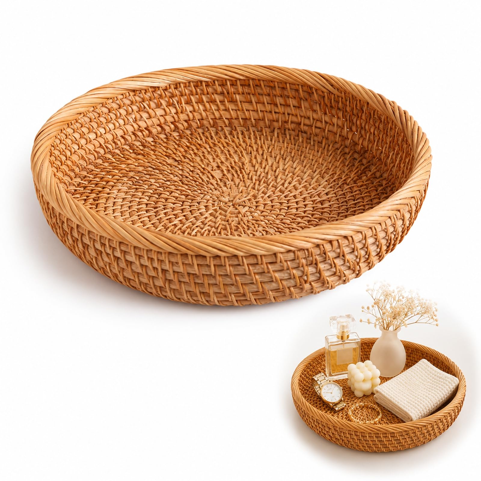 Large Round Rattan Woven Tray 25 cm - Hand Woven Wicker Tray for Coffee Table Entryway Vanity, Natural Boho Storage Organiser for Keys Remotes Cosmetics Snacks Fruit, 25 x 5.5 cm
