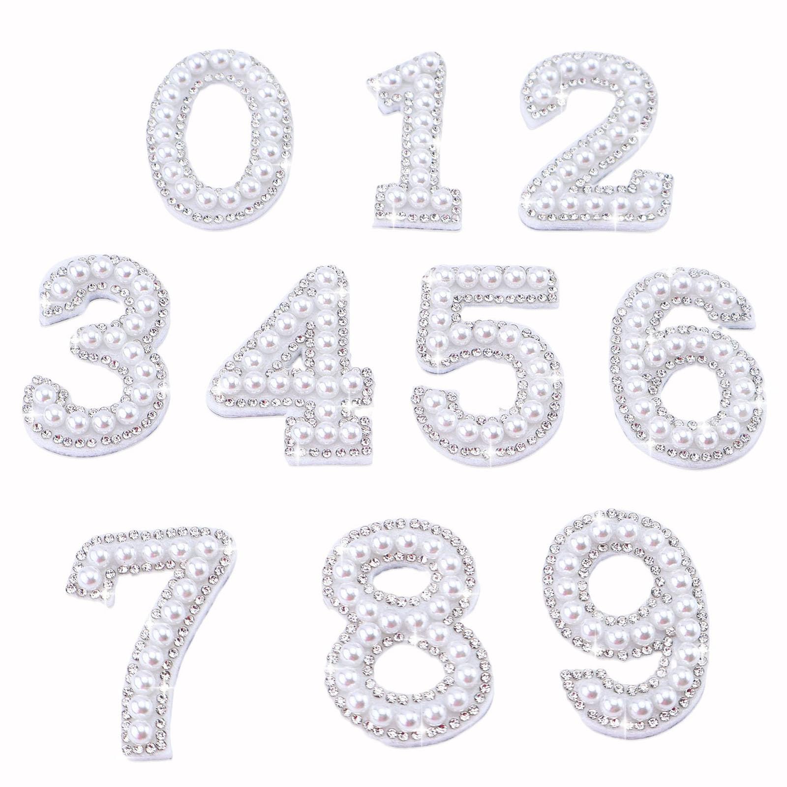 Photo 1 of 0-9 Pearl Rhinestone Number Patches, Fyrcomft 10 Pcs Iron on Pearl No. Stickers DIY Self Adhesive Pearl Number Patches Applique for Clothes, Bags, Hats, Shoes (White)