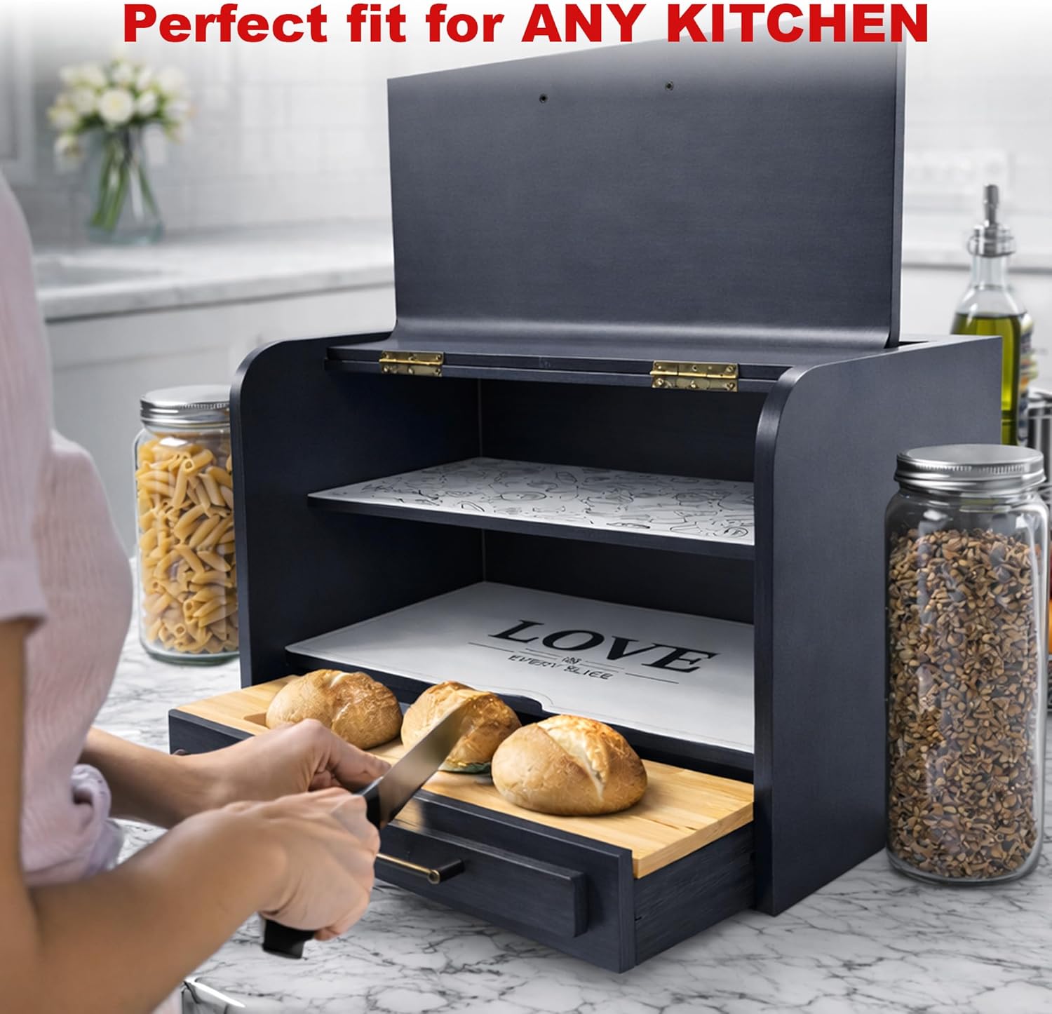 KNIFEPLANET Premium Vintage Blue Bread Box – Extra Large Bread Box for Kitchen Countertop Storage, Fully Assembled, Thick Durable Real Wood Construction (17.5" x 10" x 12")