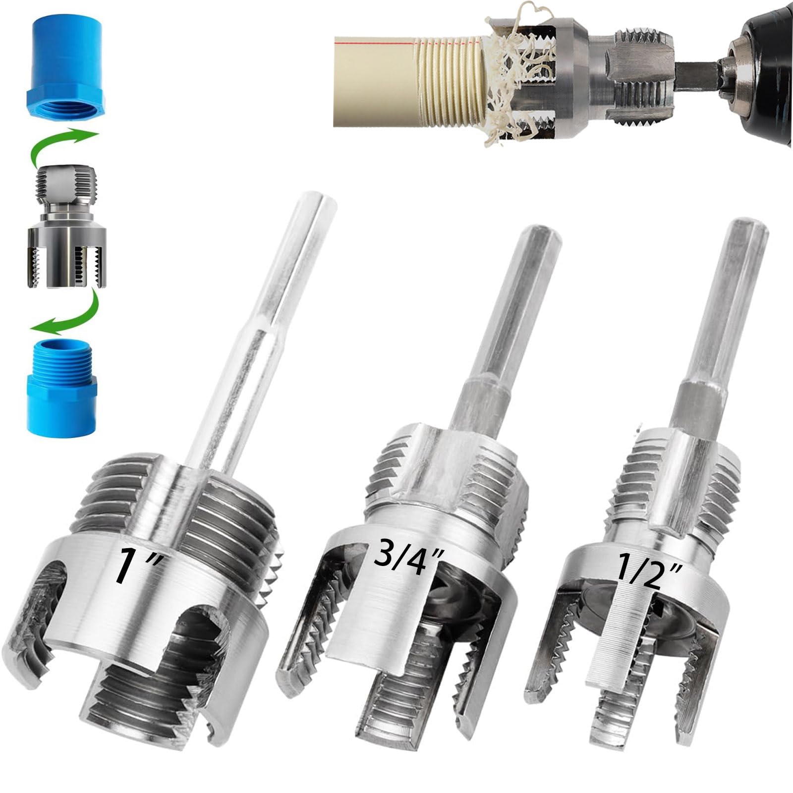 Pipe Threading Tool Kit, 1/2", 3/4", 1" Sizes,Internal &amp; External Threader