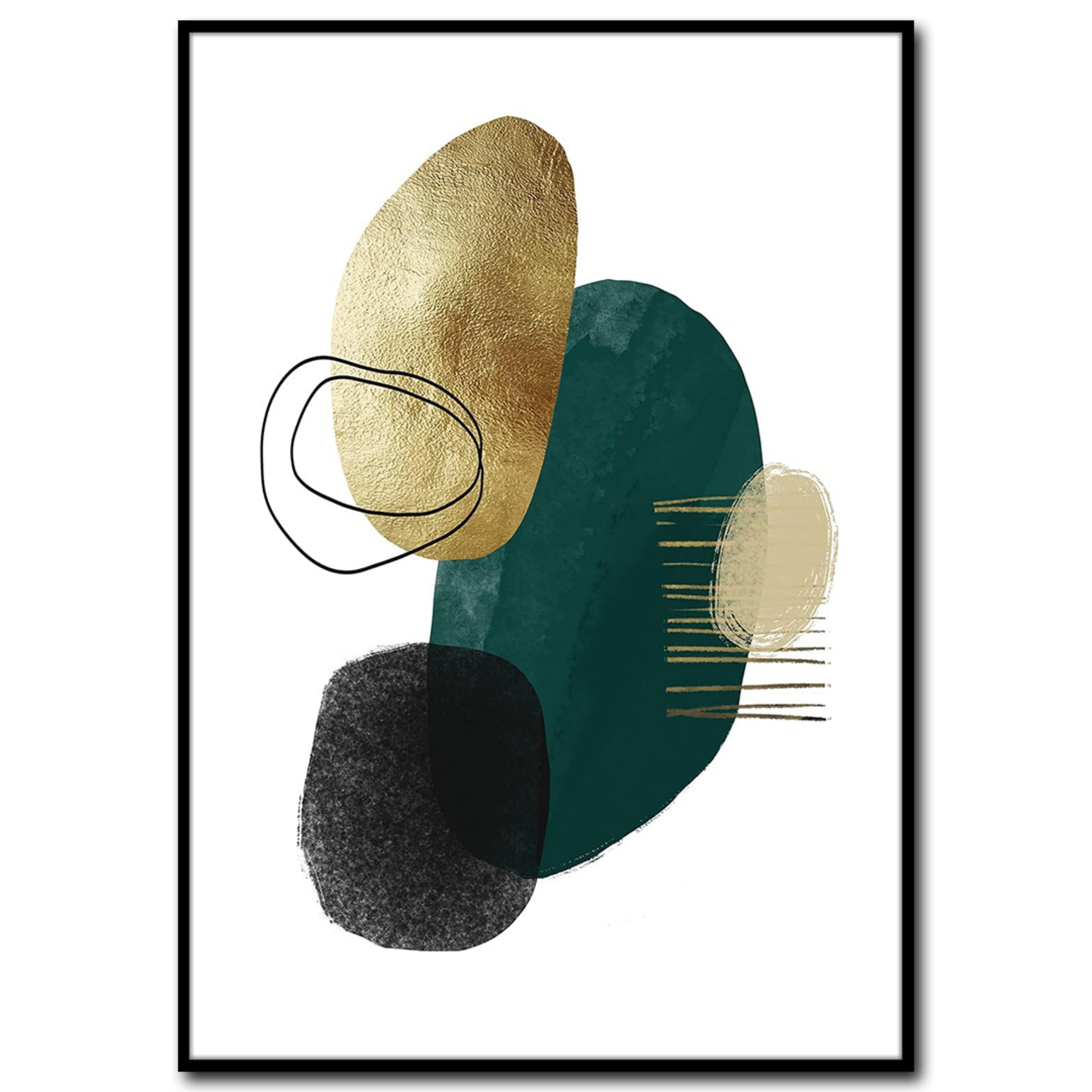 Bild mit Rahmen abstrakt Green Shape 2 | schwarzer Holzrahmen Optik | modern Kunst | farbig Linien und Formen fein | Wohnzimmer Schlafzimmer Arbeitszimmer Büro | schwarz grün gold | 50 x 70 cm
