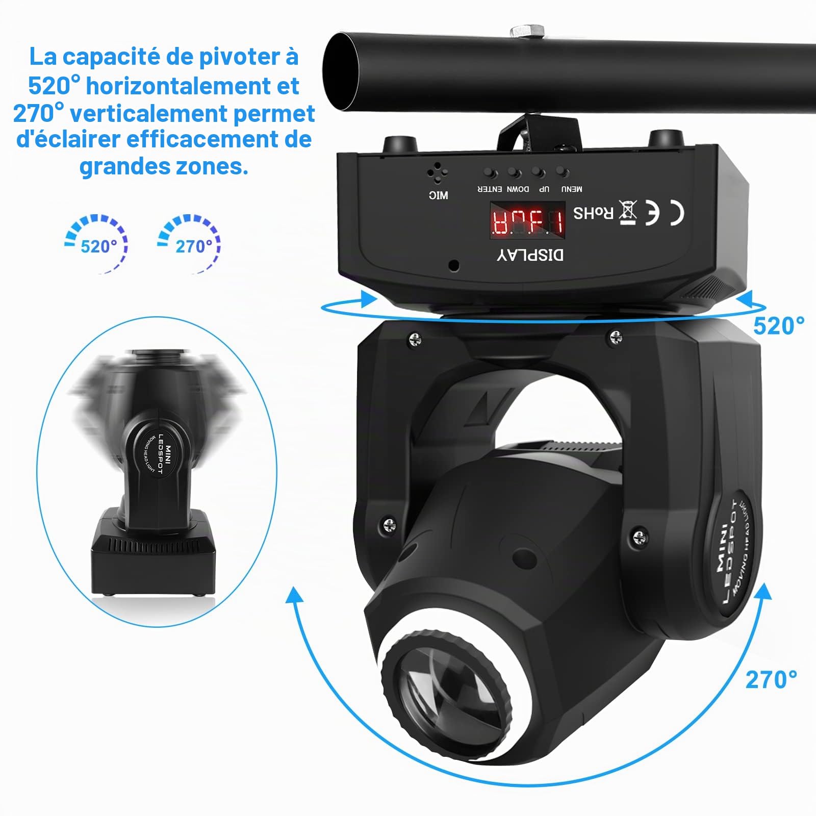UKing 50W Lumière de Scène Mobile,Lyre LED avec 8 Motifs 8 Couleurs, Gobo Projecteur,10/12 Canaux DMX,Moving Head pour Bar, Club
