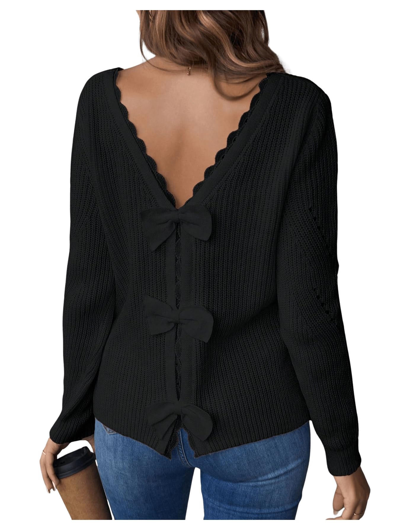SOLY HUX Womens Sweaters Lace Bow Back Long Sleeve V Neck Pullover Casual Jumper Tops