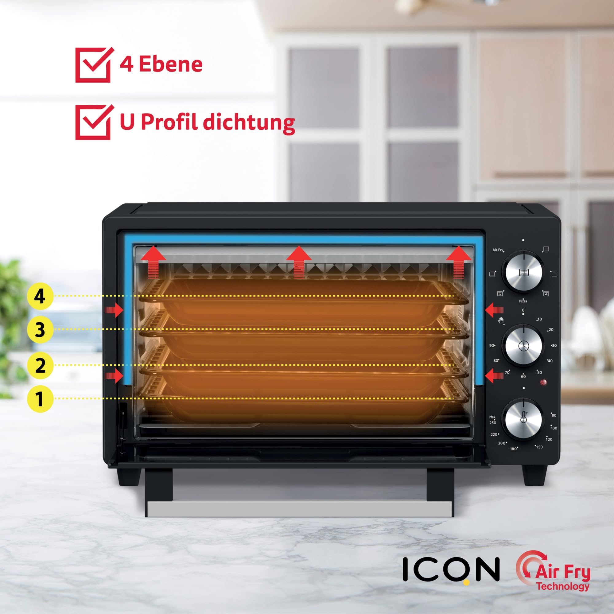 ICQN Minihorno de 20 litros con airfry, freidora de aire caliente, calor superior/inferior con función de recirculación, 5 funciones de parrilla, temporizador de 90 minutos, 1500 W, mini horno, 80° –