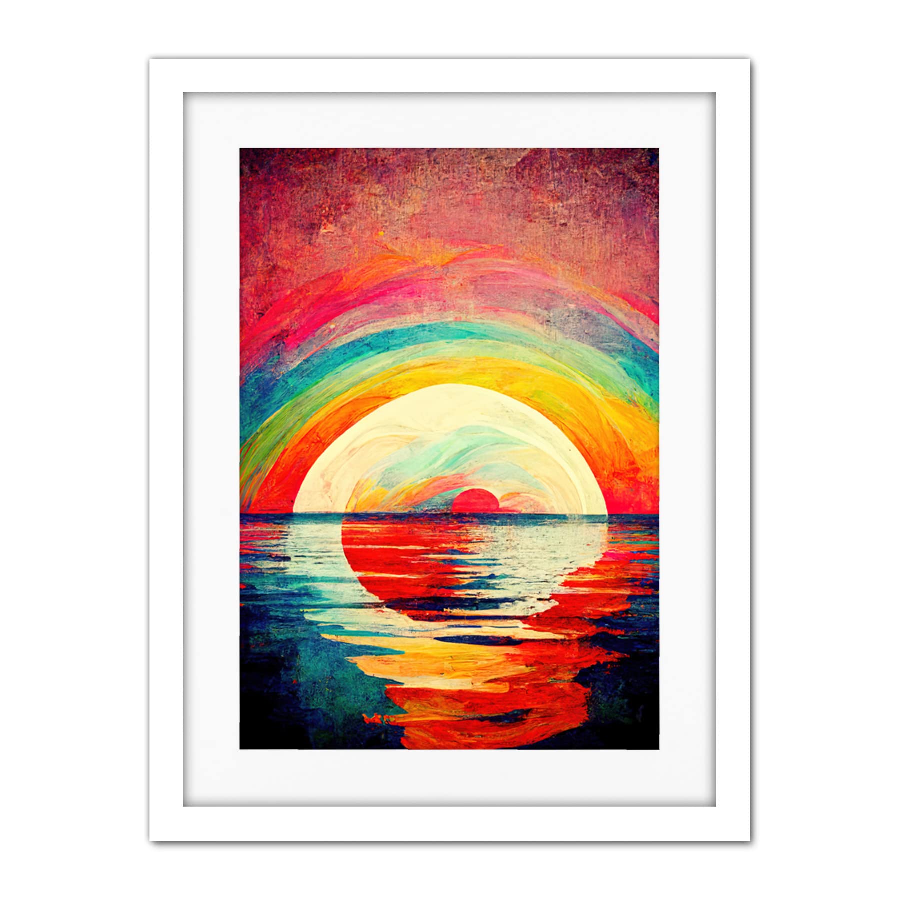 Doppelganger33 LTD Rainbow Sunset At Sea Vibrant Expressionism Artwork Framed Wall Art Print 18X24 Inch
