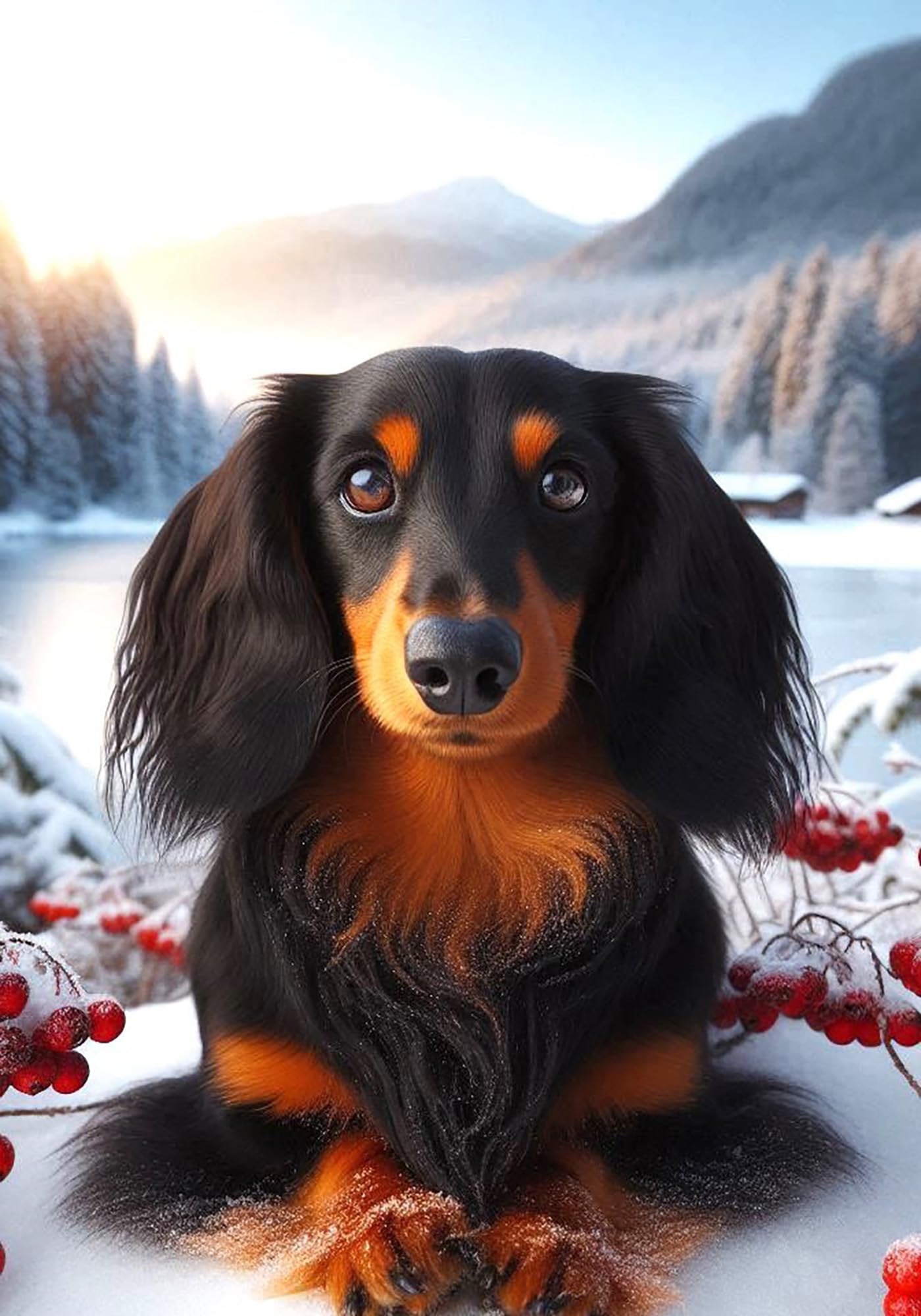 Dachshund Black/Tan Longhair - Best of Breed DCR Winter Berries Garden Flag 12" x 17"