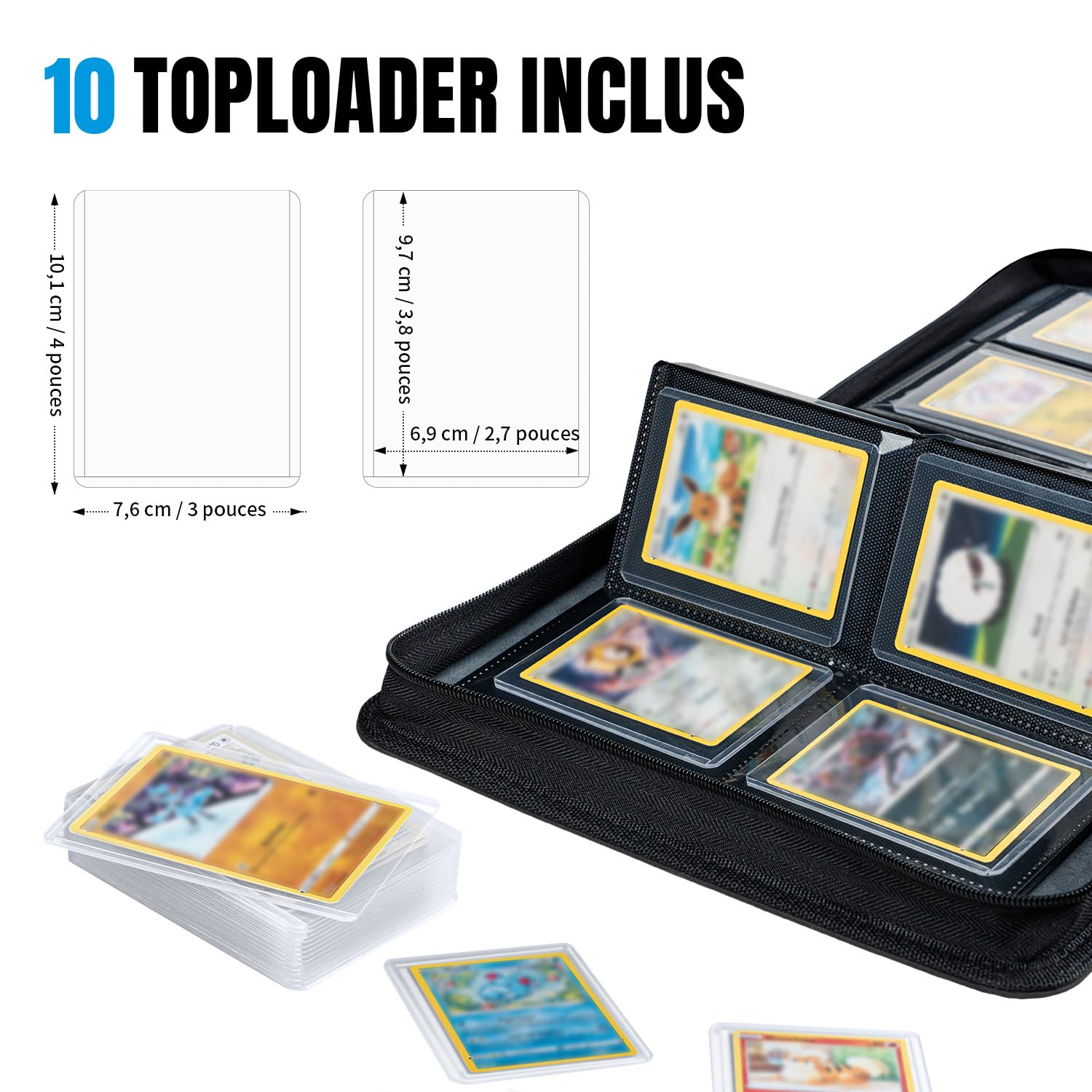 Classeur TCG 112 Toploaders 35PT, 4 Compartiments - Noir | 10 toploaders rigides offerts, protège vos cartes TCG et de collection contre plis, rayures et humidité au quotidien
