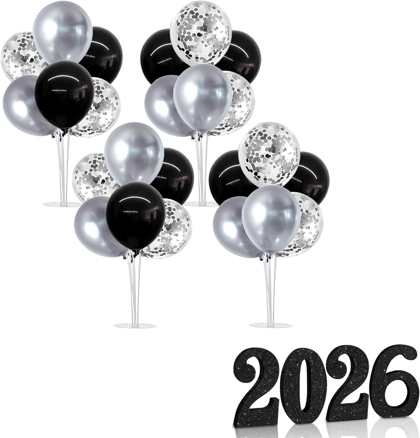 4 Set Black Silver Balloon Stand and 4 Inch Glitter Silver 2026 Sign for New Year Party Supplies 2026 Graduation decorations