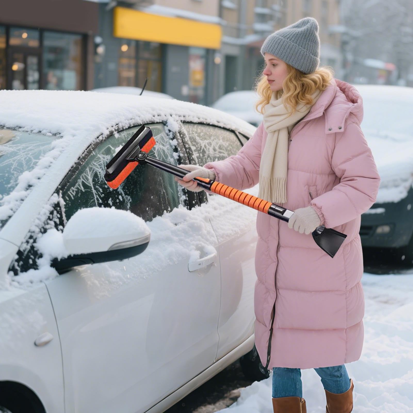 Skrobak Do Lodu Na Przednią Szybę Lopatka Do Odmrażania Z Obrótem 360 | Z Piankową Rączką, Wysuwanym Prętem, Skrobak i Szczotka do Śniegu Do Ochrony Nadwozia I Odsnieżania Podjazdu Zimą