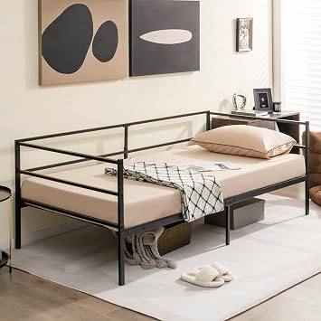 GOFLAME Metal Daybed Frame Twin Size, 2-in-1 Multifunctional Sofa Bed Frame with Headboard & Heavy-Duty Steel Slats, Mattress Foundation Platform for Living Room, Guest Room, Bedroom, Easy Assembly