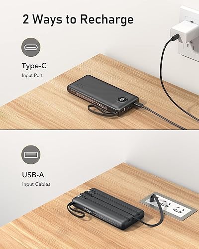 Miniatura 4 de VEEKTOMX Cargador Portátil Cables Integrados 10000mAh Negro + Banco de Energía con Cables Integrados 20000mAh Azul