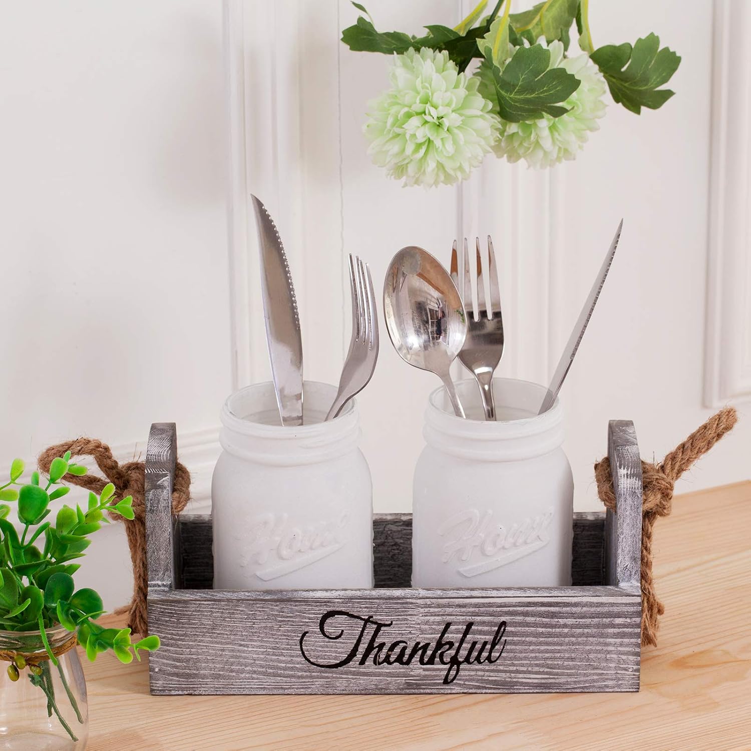 HAchoo Mason Jars Table Centerpiece- Artificial Flowers – Decorate Home with Our Premium Flower Décor – Home Decor - Herb Plants White Table Dining Room Living Room (White)