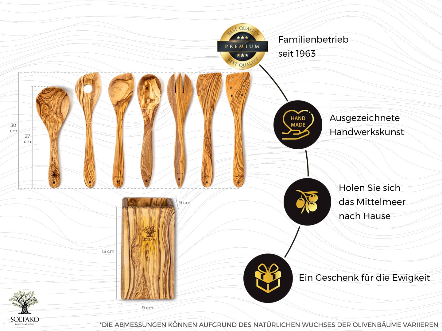 SOLTAKO Olivenholz Küchen Set 7 teilig inkl. Besteckhalter Kochlöffel Holz Pfannenwender Holz Salatbesteck handgefertigt Küchenutensilien Holz antibakteriell aus Tunesien