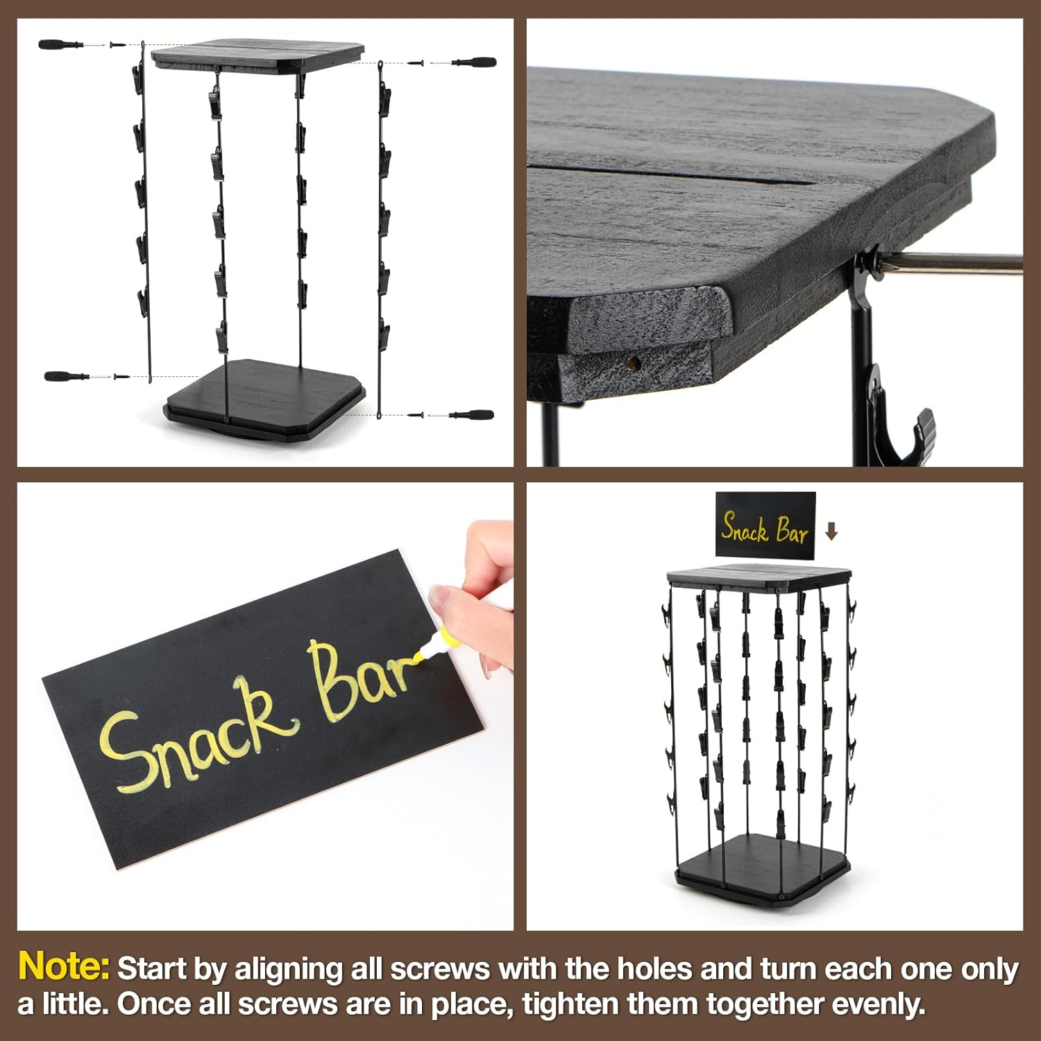 PUERSI Wooden Chip Rack Display Stand, 5 Tiers 40 Clips Rotating Snack Rack for Office Countertop, Snack Organizer Chip Storage Candy Display for Concession, Party, Retail, with Message Board - Black