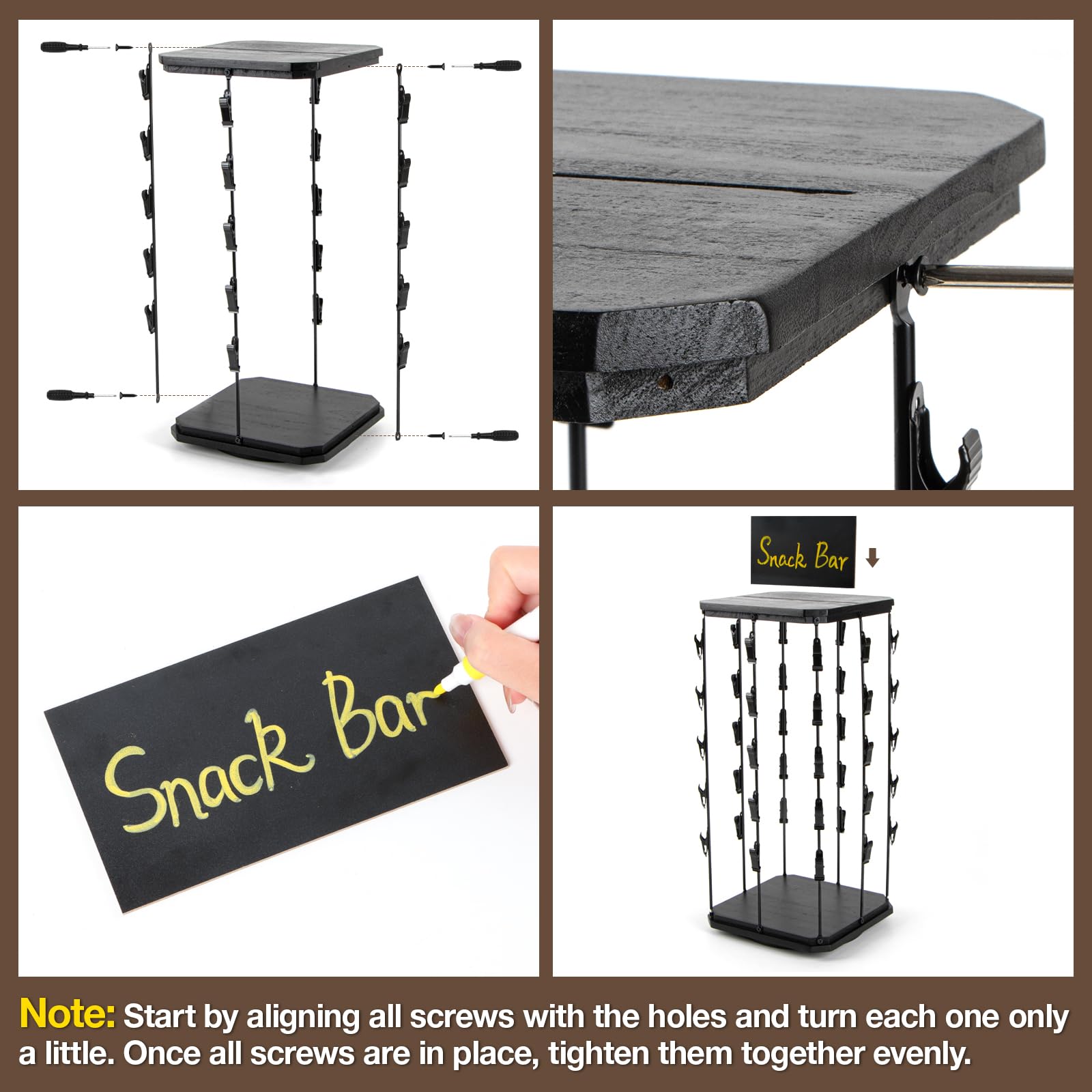 PUERSI Snackregal aus Holz, 5 Etagen Chipständer mit 40 Clips, Drehbarer Snack Display Ständer für Bürotheke, Snack-Organizer, Süßigkeiten Aufbewahrung für Party, Einzelhandel, mit Tafel - Schwarz