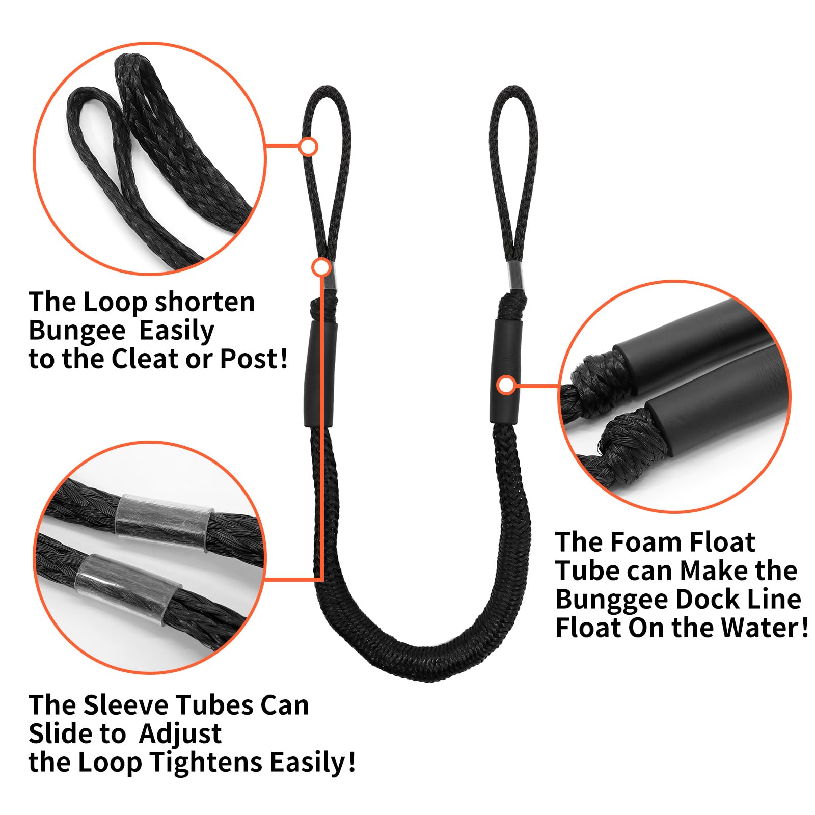 NewDoar Lot de 4 Amarres élastiques 2200 LBS pour Bateau, Ligne d’ancrage avec flotteurs latéraux en Mousse, pour voilier, Kayak, Paddle, Bateau en Bois, Accessoires Nautiques (1,2 m, Noir)