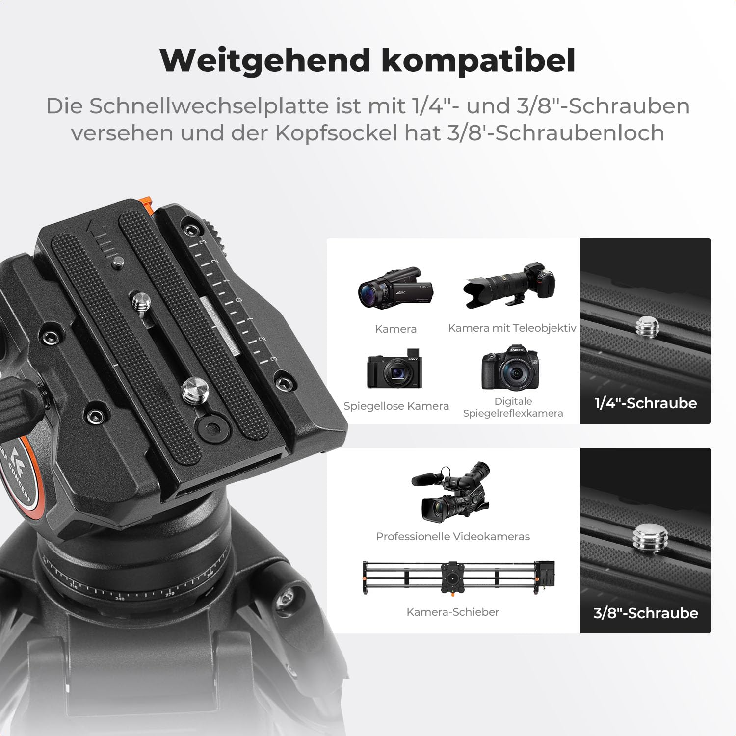 K&F CONCEPT BV40 Leichtgewicht Fluid Videokopf, seidenweiche und stabile Stativkopfhalterung, kompatibel mit DSLRs, Filmkameras usw., maximale Tragkraft 8kg, Stativkopf für 360° Panorama