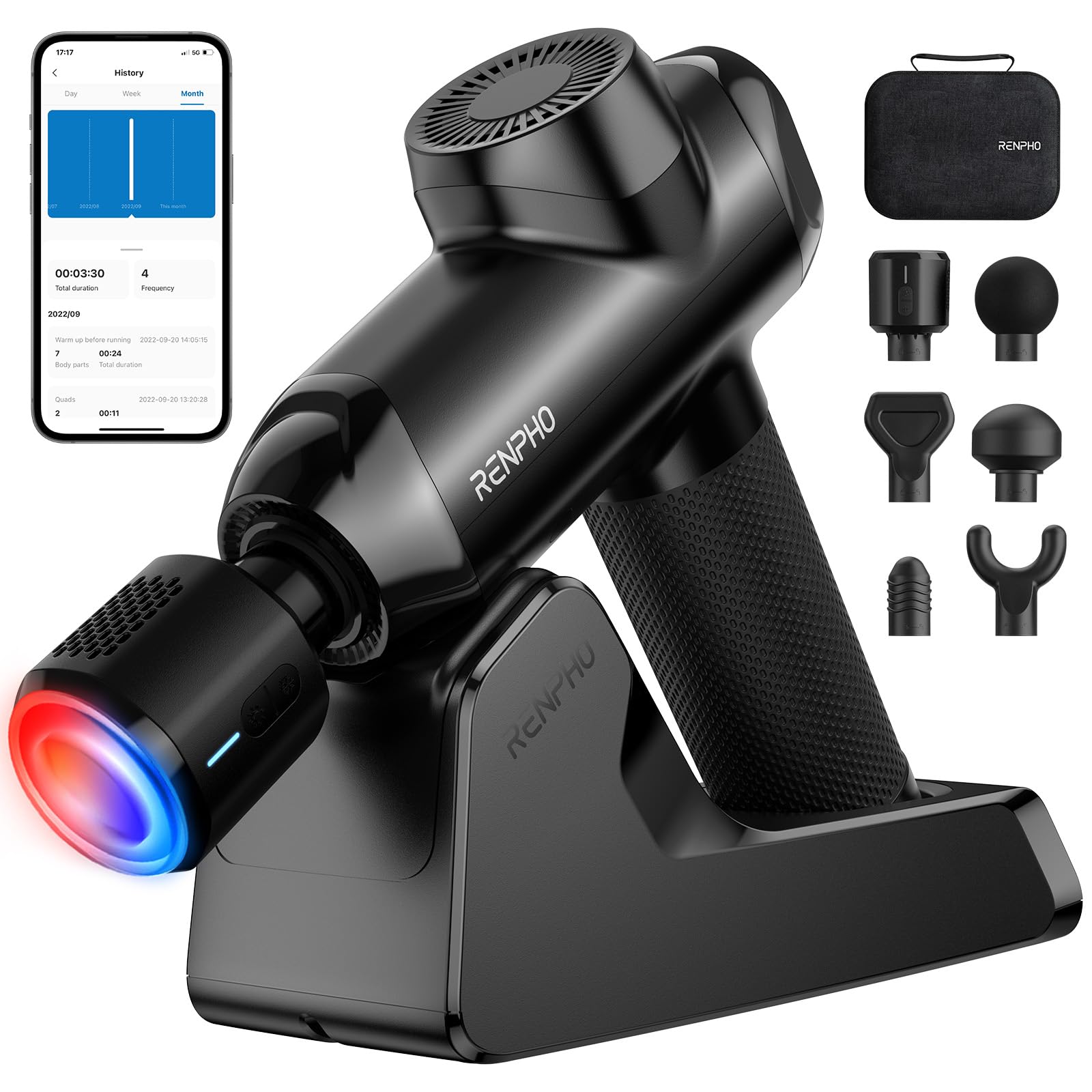 RENPHO Power+ Thermacool Deluxe Massage Gun with Heat and Cold, 12mm Amplitude Deep Tissue Percussion Massager with Charging Stand, App Controlled