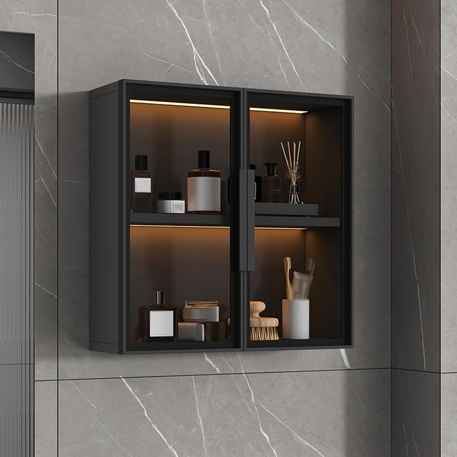 Wall Cabinet with Glass Doors, Kitchen Walls Cabinets Storage, Kitchens Walles Cabinetes with Doors, Wall Mounted Storage Cabinet for Bathroom, Living Room, Bedroom,IronGray-50x60x14CM/