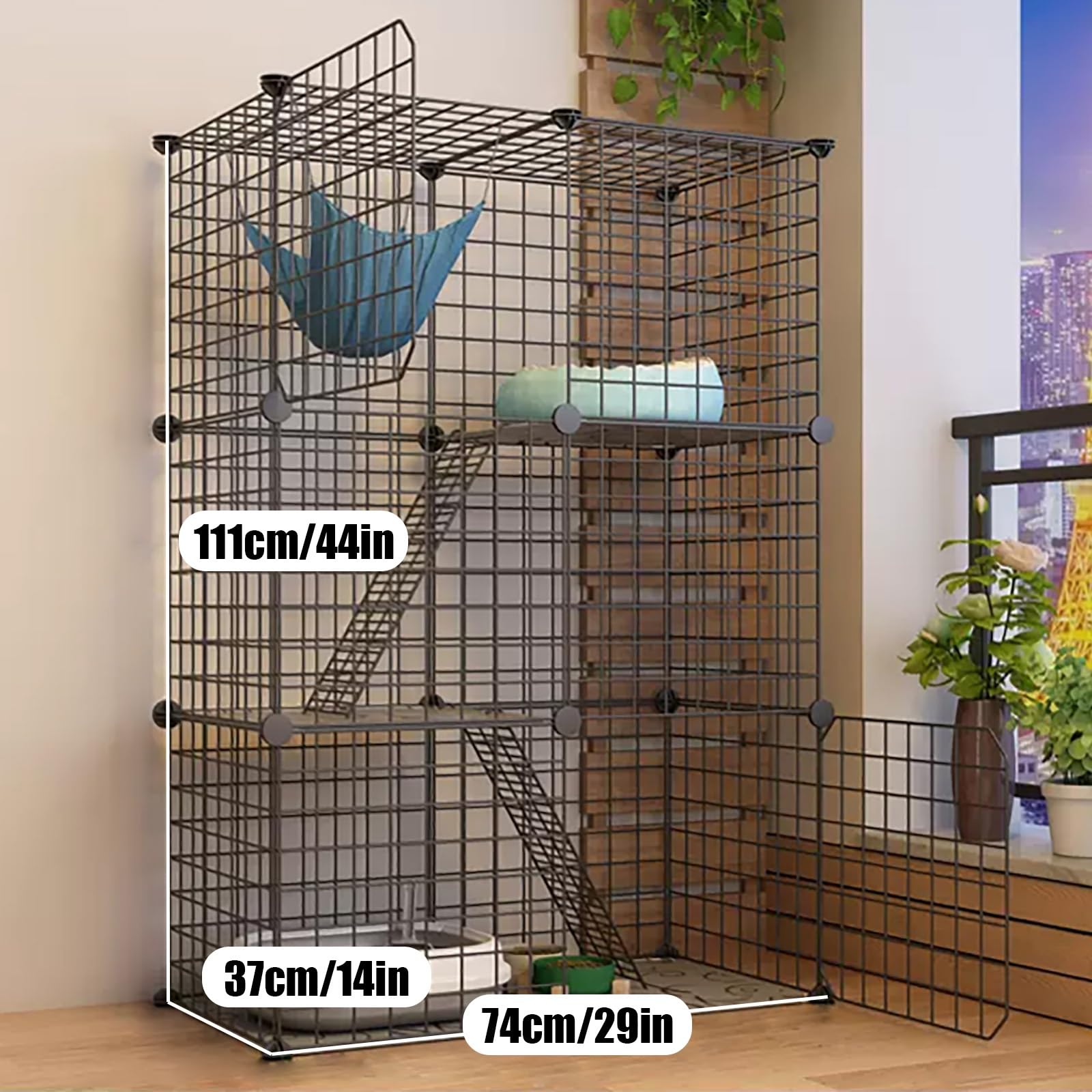 Katzenkäfig für den Innenbereich, Katzenkäfig aus Draht, Laufstall, Zwinger, Katzenlaufstall, Tierkäfig, mit Katzenstreu, Katzenhängematte und Katzentoilette, mit 1 Rampe und Leite