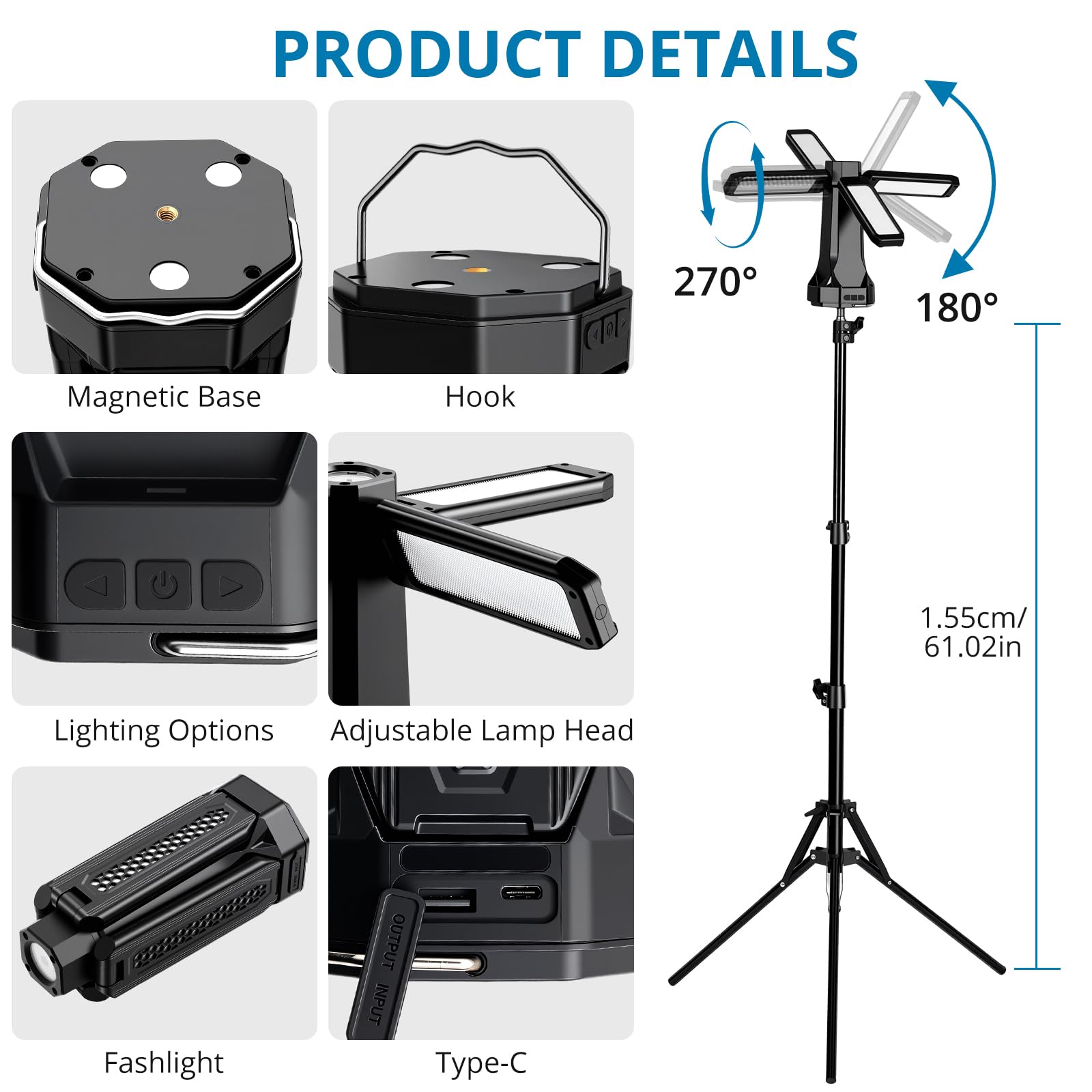 AUTOUTLET Lámpara de Trabajo LED Recargable 4000 Lúmenes con Trípode 1,55m, Batería 16000mAh Power Bank, 4 Paneles Ajustables 270°,IP66 Impermeable para Camping Taller Garaje Exterior
