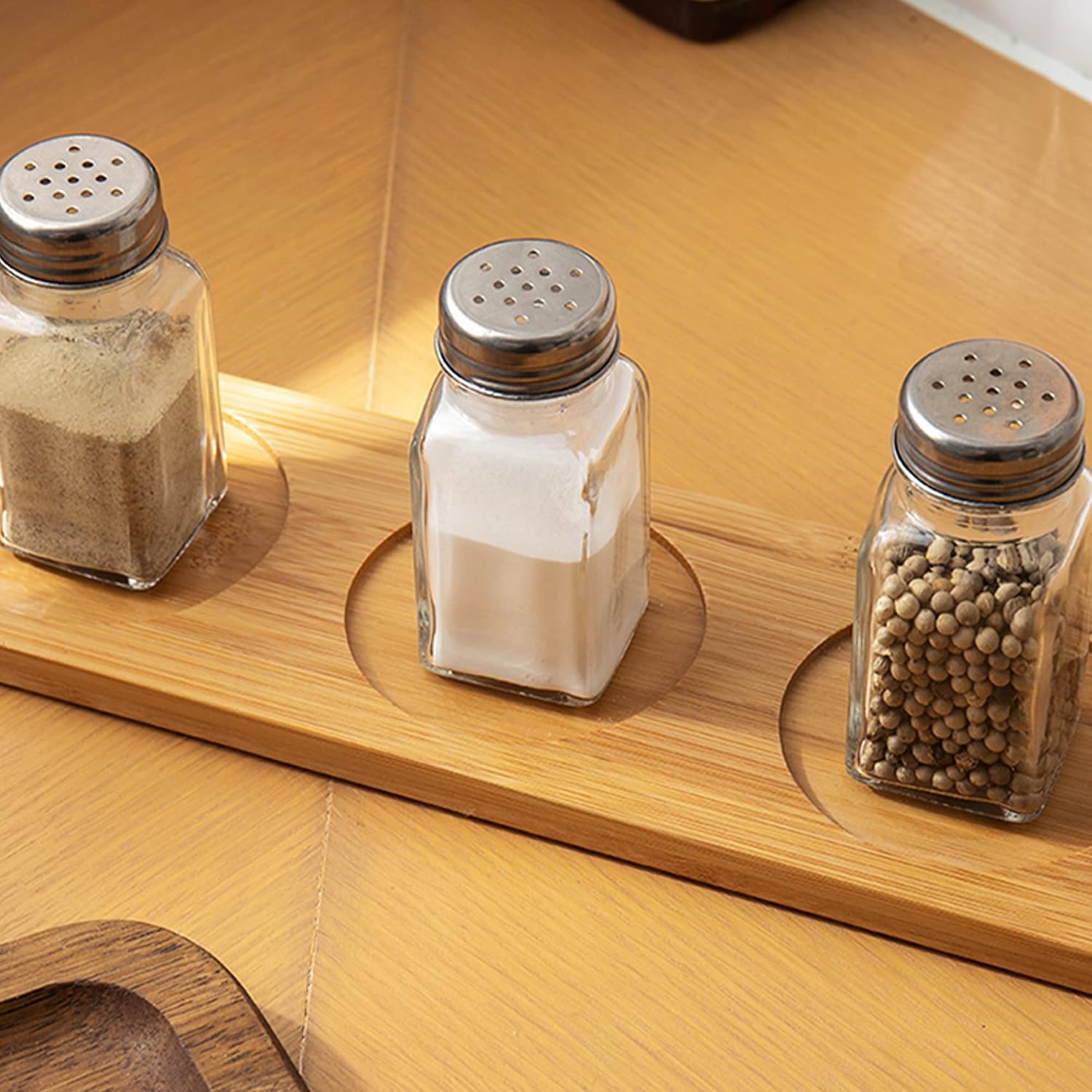 ATB Glass Salt and Pepper Shakers with Stainless Steel Lids - Farmhouse Style Spice Dispensers, Freshness Seal Sugar Shaker, Glass Spice Jar for Various Seasonings (Rectangular)