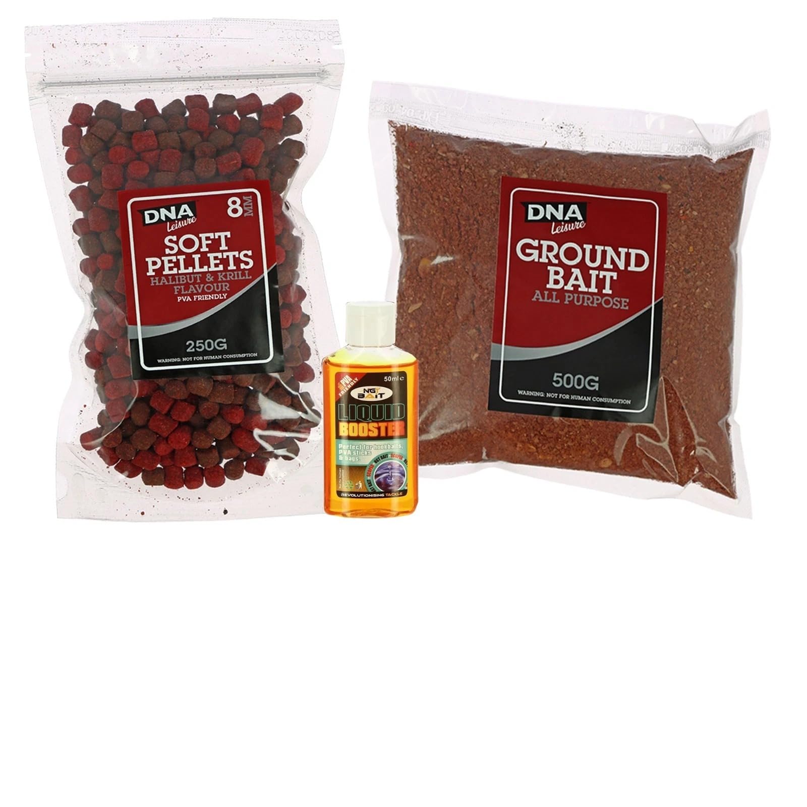 DNA Leisure Coarse Fishing Bait Bundle Soft Pellets, 500g Groundbait & Liquid Booster – PVA Friendly Carp & Coarse Fishing Kit (No Bucket)