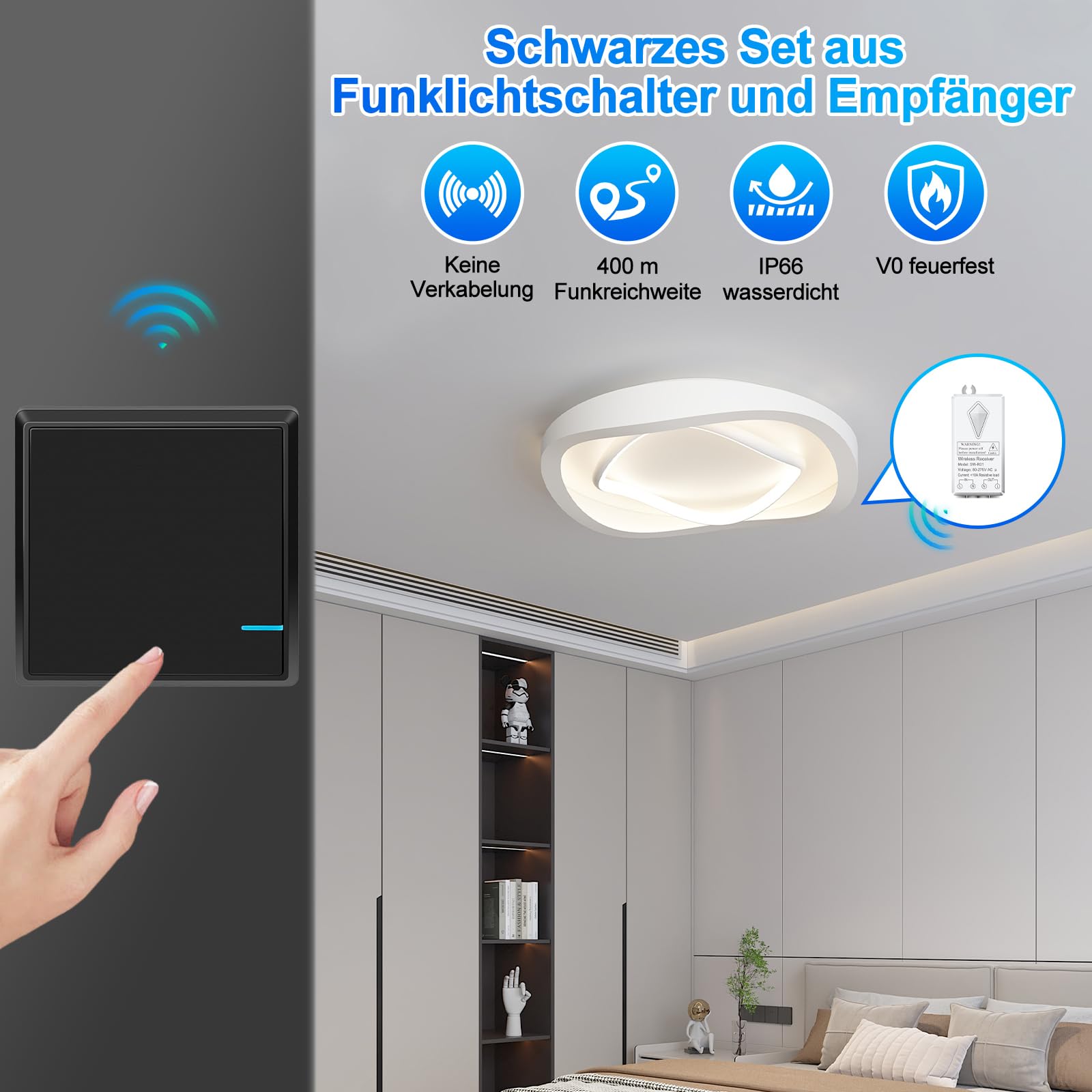 NineLeaf Funkschalter und Empfänger Set 230V,schwarz Funk Lichtschalter ohne Verkabelung,400m Reichweite,IP66 wasserdicht für Bad,Küche,Garten & Außenbeleuchtung,10A/1000W,4PK