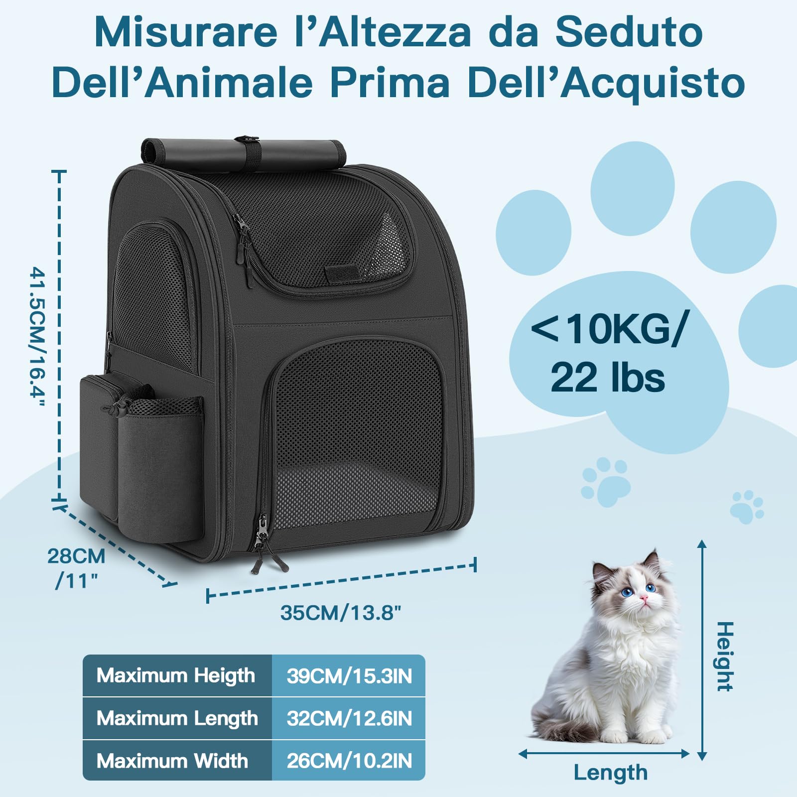 Zaino per Cani Gatti, Grande Zaino Gatto Cane 10 kg, Traspirante Zaino Porta Cane Gatto con Finestra a Rete, Zaino Trasportino Cani Gatto con Guinzaglio Interno e Tappetino per Viaggi - Nero