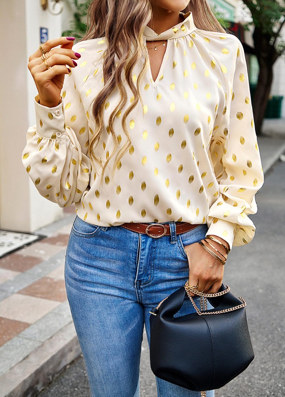 Bluse Damen Langarm,Damen Freizeitbluse, Hohler Twist Stehkragen, Pullover Hemd, Grüne Polka Dot Bronzierung, Stilvolles Hemd, Raglan Langarm Elegante Bluse, Arbeits Und Ausgeh Blusenoberteile