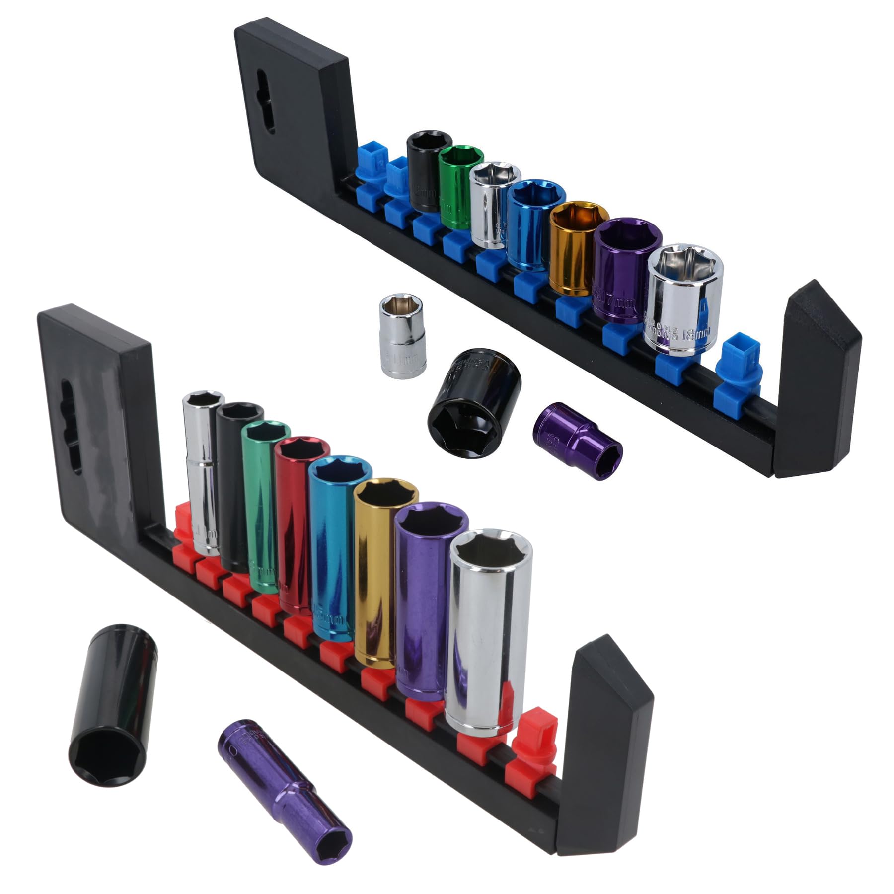 20pc Coloured 3/8"" Dr Shallow & Deep Sockets 6 Point Hex Metric 10 - 19mm Rails