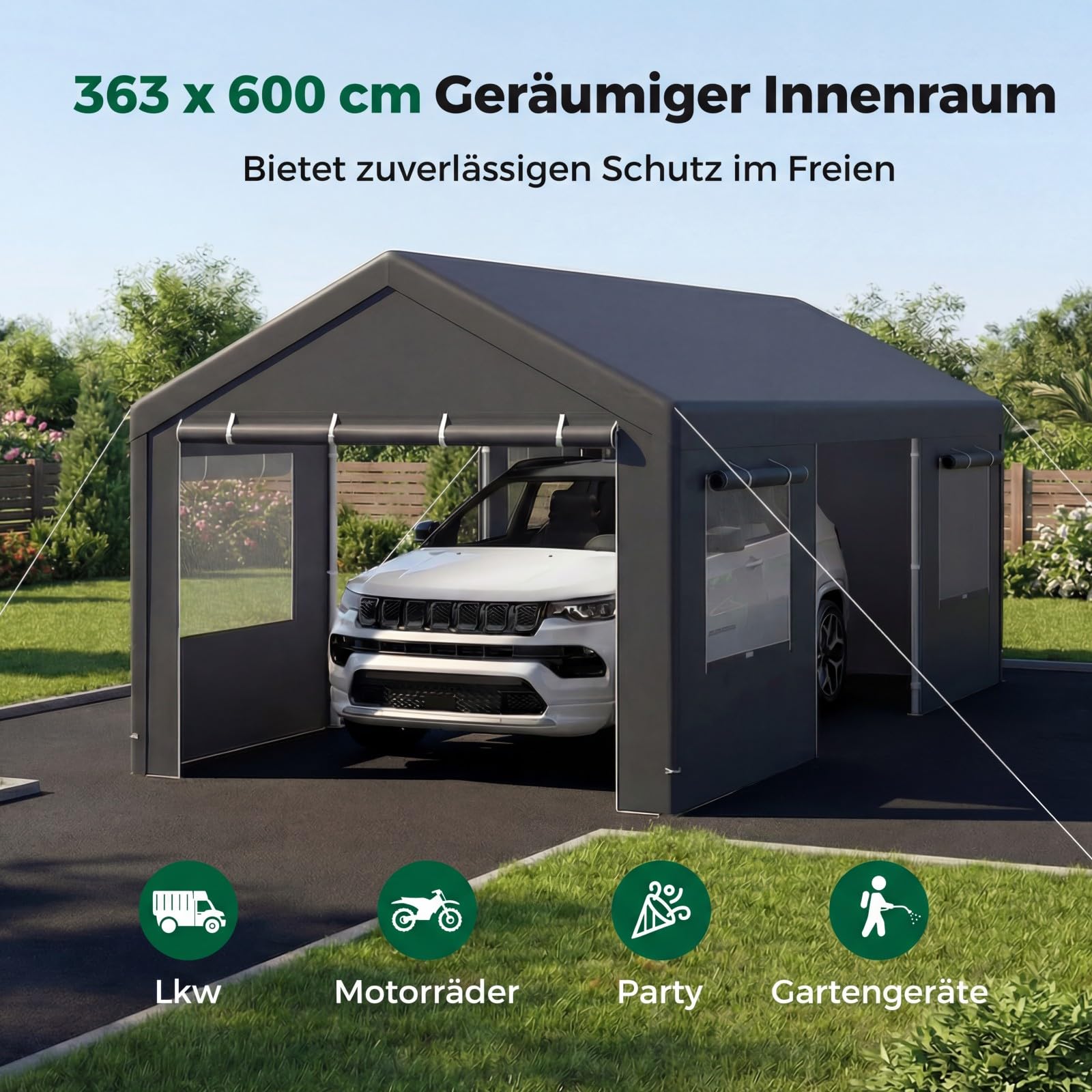 COSTWAY Zeltgarage Carport, 600 x 363 cm Garagenzelt Winterfest, Lagerzelt mit abnehmbaren Seitenwänden, Rolltüren & belüfteten Fenstern, Weidezelt Unterstand für Auto, SUV, LKW, PKW (Grau)