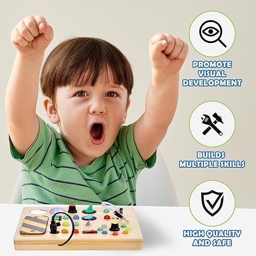 Miniatura 4 de Montessori - Tablero de actividades con luz LED, 17 luces, tablero de interruptor de madera para bebé, juguete sensorial para bebés y niños