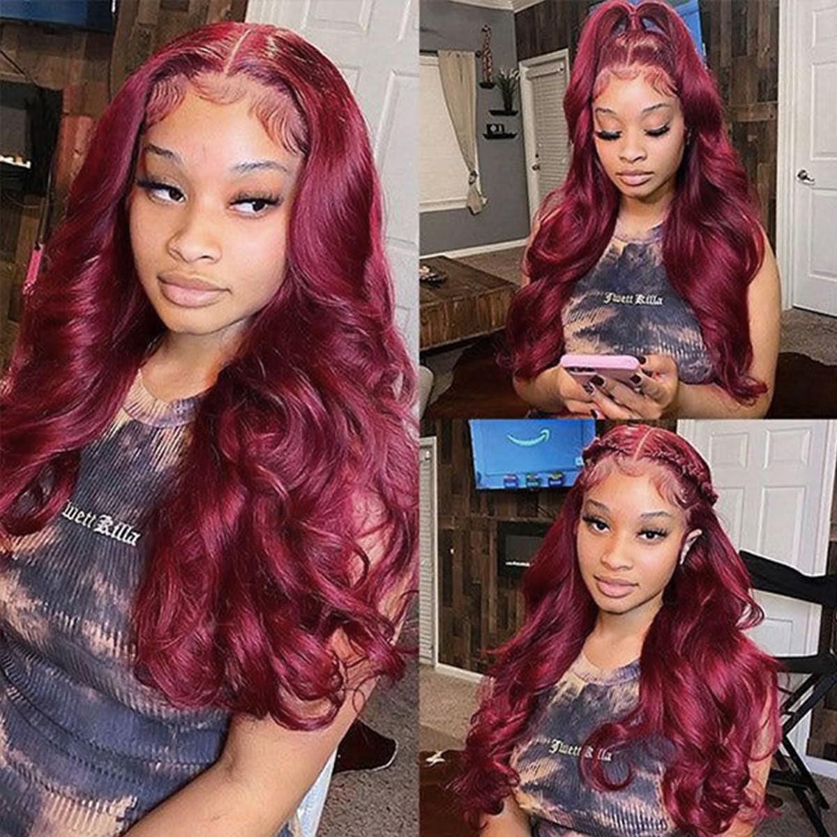 99J Burgundy Colored Wig Human Hair 13x6 Red Burgundy Lace Front Wigs Human Hair 200 Density Body Wave Pre Plucked 13x6 HD Lace Frontal Colored Wigs For Women 30 Inch