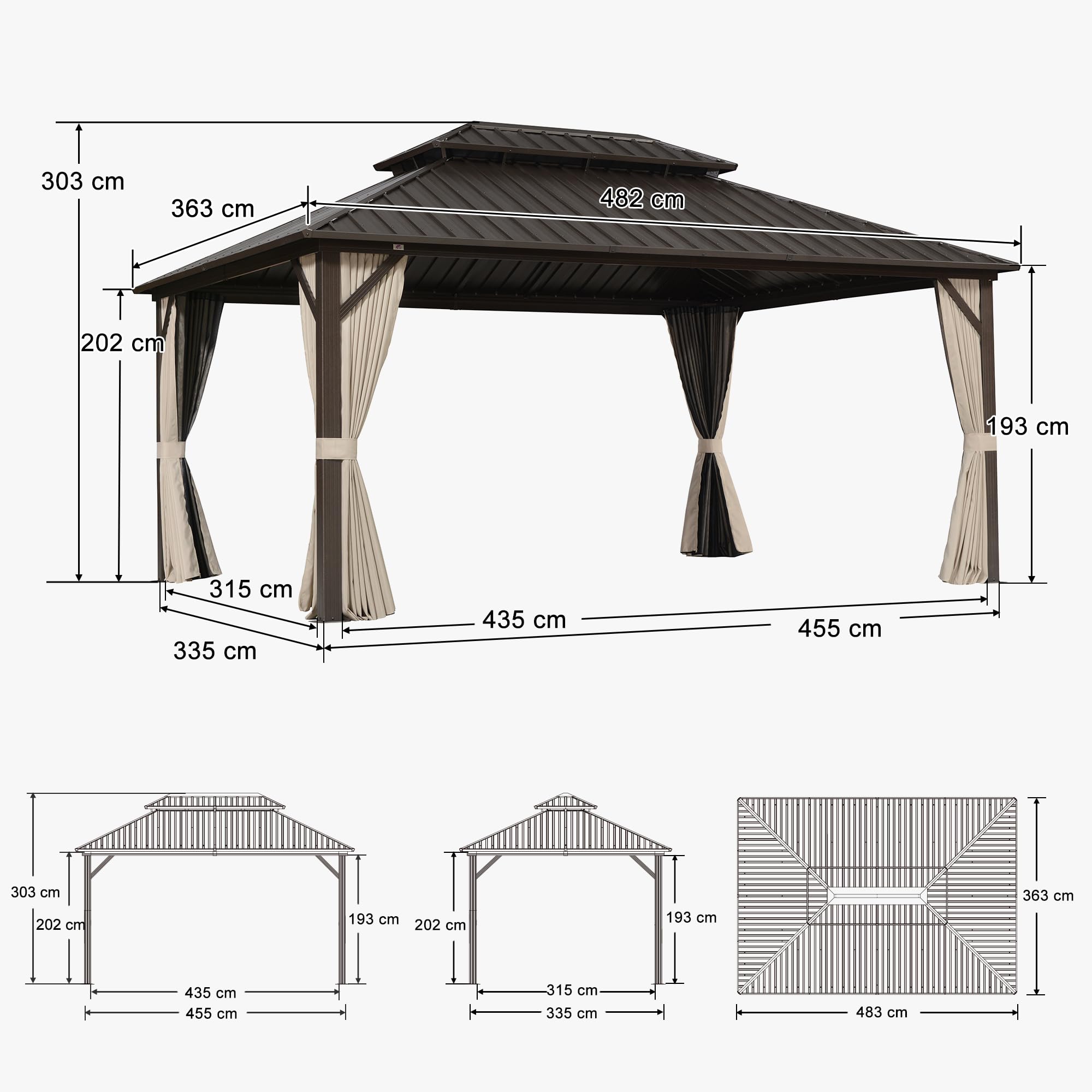 PURPLE LEAF Pergola Toit Rigide Acier Galvanisé 4,85 x 3,65 m Éclairage Intégré Rideaux Aluminium Bronze