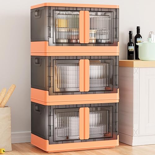 V6 - Contenedores de almacenamiento de plástico con tapas y puertas, contenedores de almacenamiento plegables apilables de 19 galones, frente