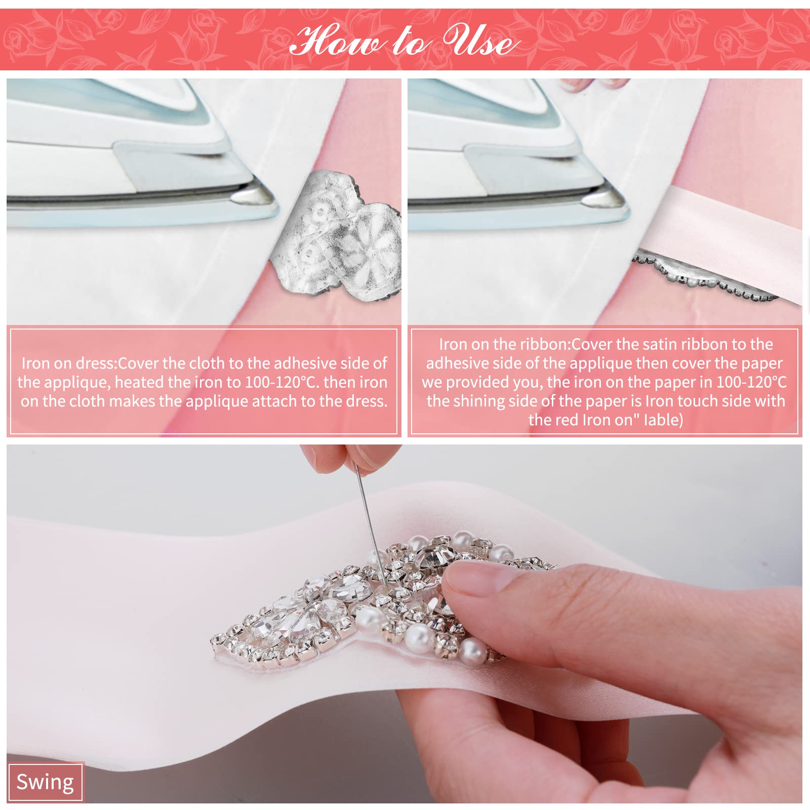 Set 7 Appliques Con Strass Termoadesive - Per Abito Da Sposa, Scarpe E Capelli, 3 Stili Diversi (Argento) - Foto 9
