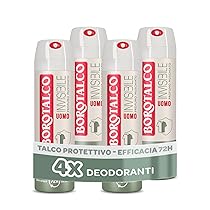 Borotalco, Deodorante Uomo Spray Invisibile, con Talco Protettivo, Anti-Macchie, Senza Alcool, Profumo Muschiato, 72h efficacia – 4 Pezzi da 150 ml – Esclusiva Amazon