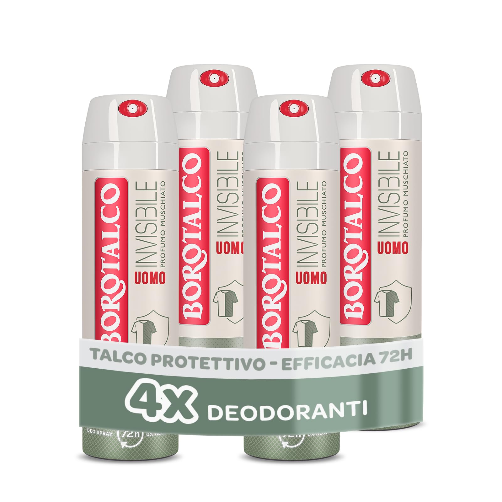 Borotalco, Deodorante Uomo Spray Invisibile, con Talco Protettivo, Anti-Macchie, Senza Alcool, Profumo Muschiato, 72h efficacia - 4 Pezzi da 150 ml - Esclusiva Amazon