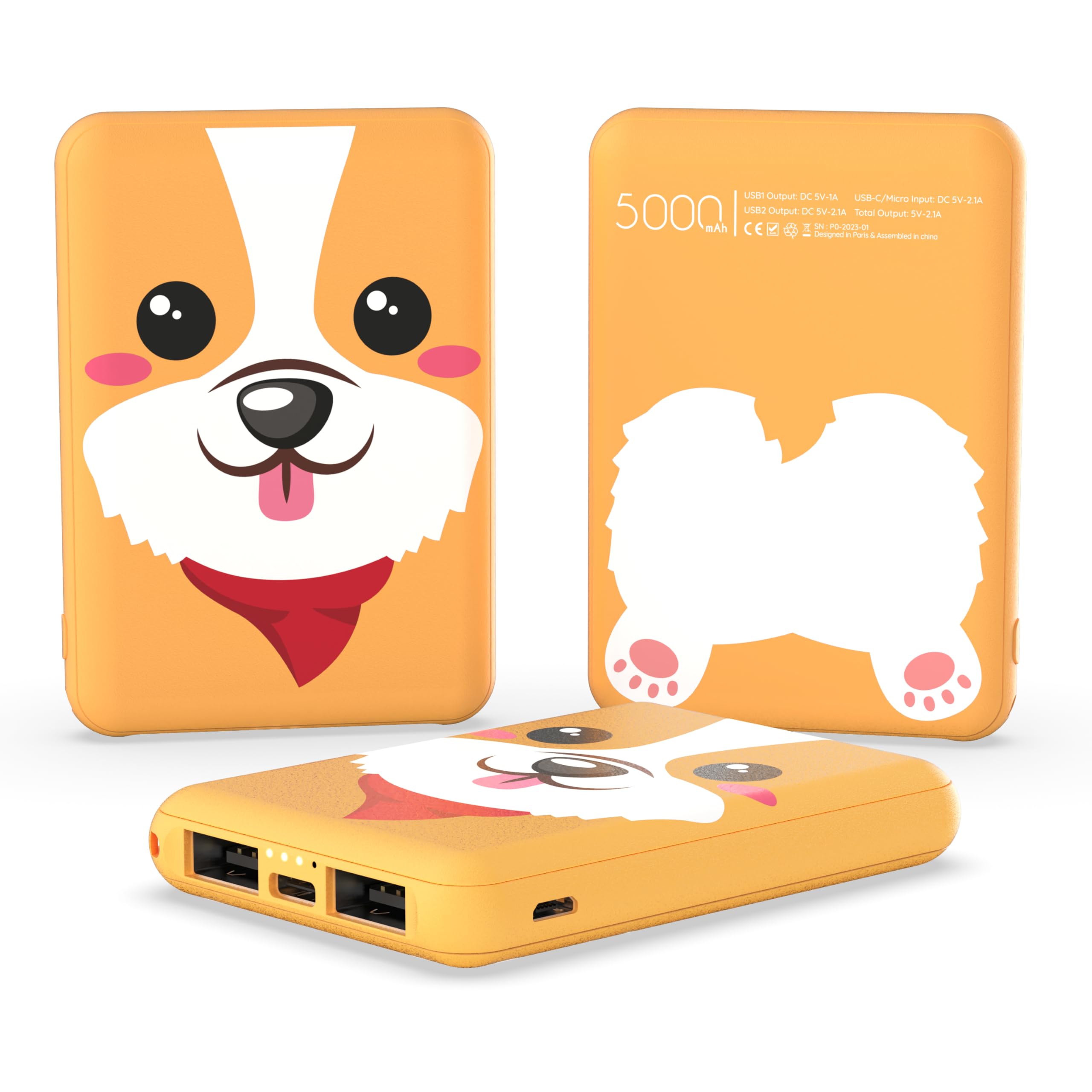 Mob - Batterie Externe Power Animal Corgi - 5 000mAh - Charge Rapide 2A - Double Port USB - Compacte & Nomade - Design Soft'touch
