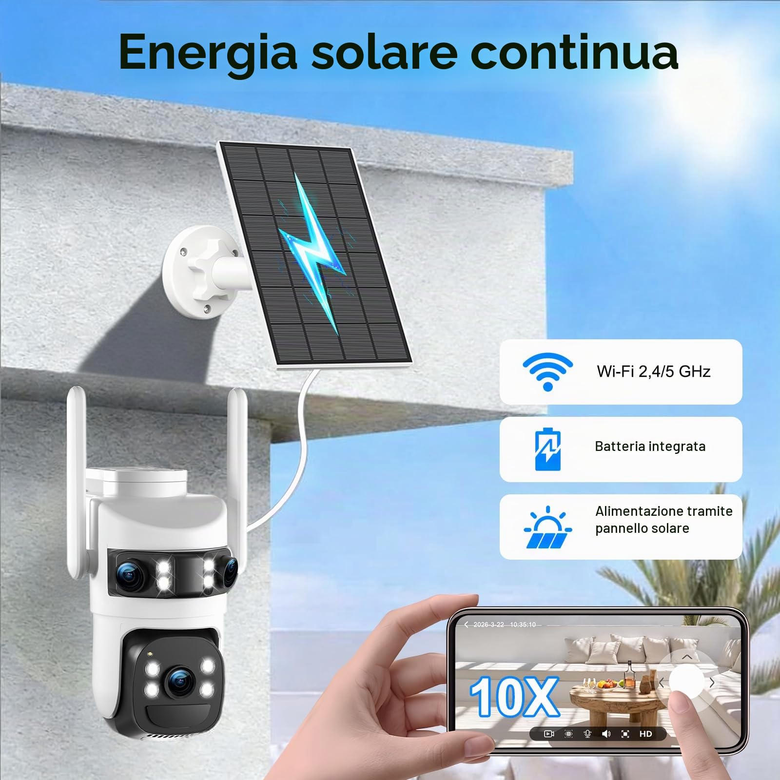 6K Telecamera Wi-Fi Esterno,Triple Obiettivo Telecamera WiFi Senza Fili con Pannello Solare,Audio Bidirezionale,Videocamera Sorveglianza,Visione Notturna a Colori,Rilevamento Umano PIR,2.4G/5GHz,IP66