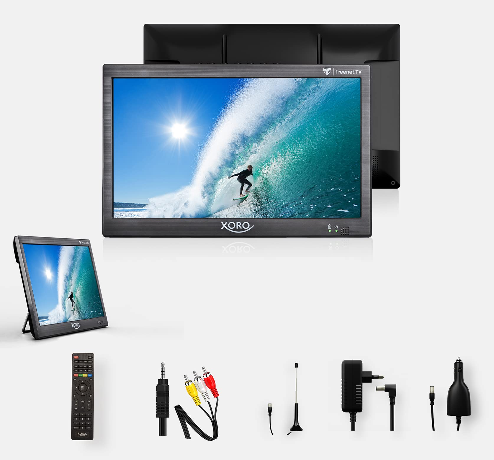 Xoro PTL 1050 V2-10,1" przenośny telewizor DVB-T/T2, system deszyfrowania Irdeto (w zestawie 6 miesięcy freenet TV), aktywna antena, akumulator, zasilanie 12/24 V