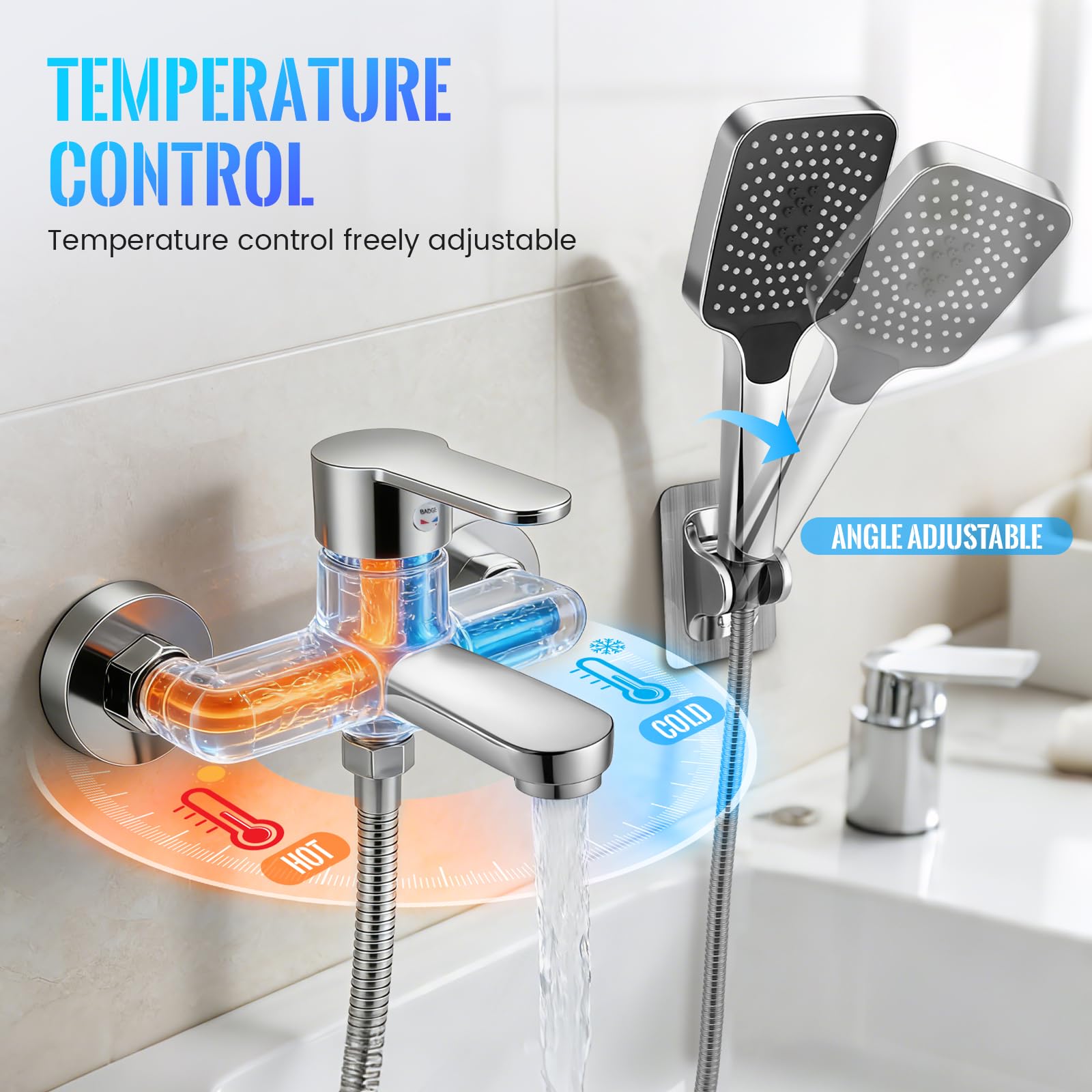 Rubinetto per vasca da bagno con doccetta a mano, miscelatore in ottone per vasca, Rubinetto da bagno a cascata, rubinetto per vasca con supporto a parete e flessibile doccia da 1,5 m Per Doccia