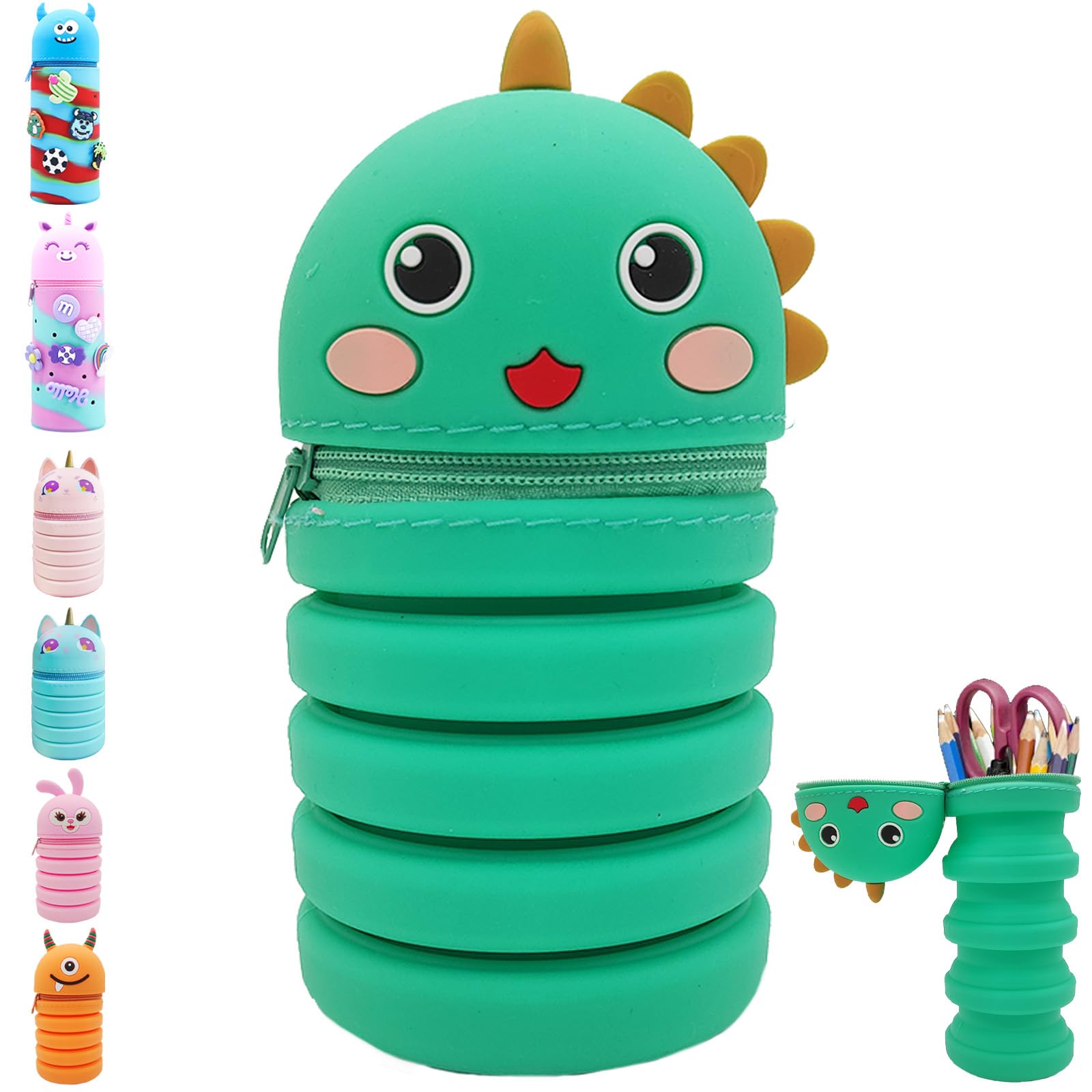 YOUYIKE Estuche Niños 2 en 1 de Silicona Suave, Verde Dinosaurio Telescópica Estuche para Lápices, Bolsa de Lona con Cremallera, Estuche Vertical Lapices para niño Regalo de Cumpleaños