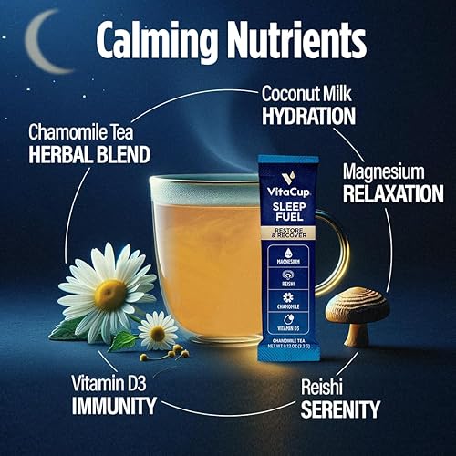 Miniatura 4 de VitaCup Sleep Fuel - Paquetes de té instantáneo para sueño REM profundo, relajarse y desestresar con té de manzanilla, magnesio, vitamina D3, agua