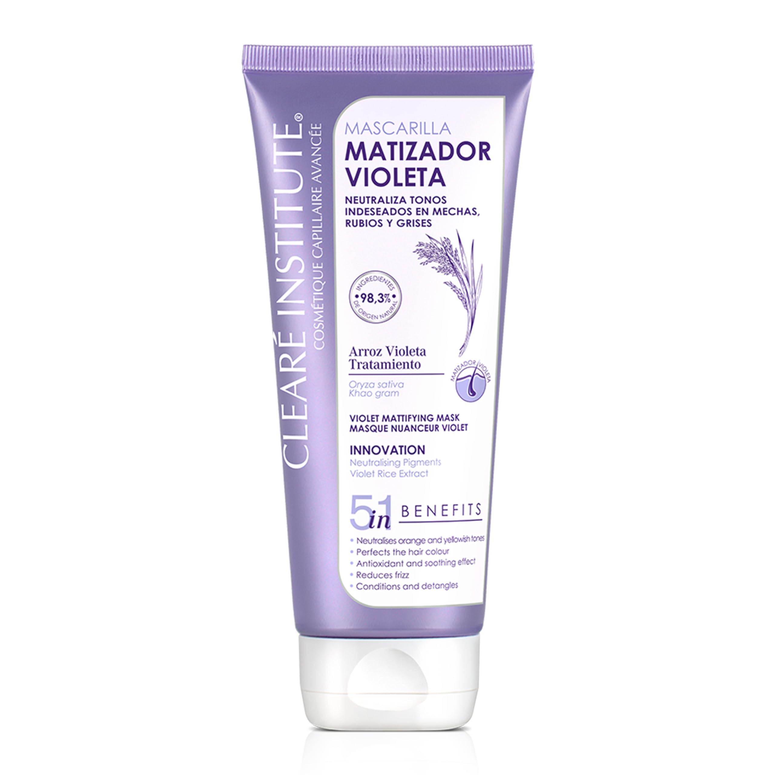 Clearé Institute Mascarilla Matizadora Violeta, Sin Sulfatos, Parabenos o Siliconas, Anti Frizz, Matizante Pelo Blanco, Gris, Canas, Rubio Teñido y Mechas, 96.6% Ingredientes Naturales, 200 ml