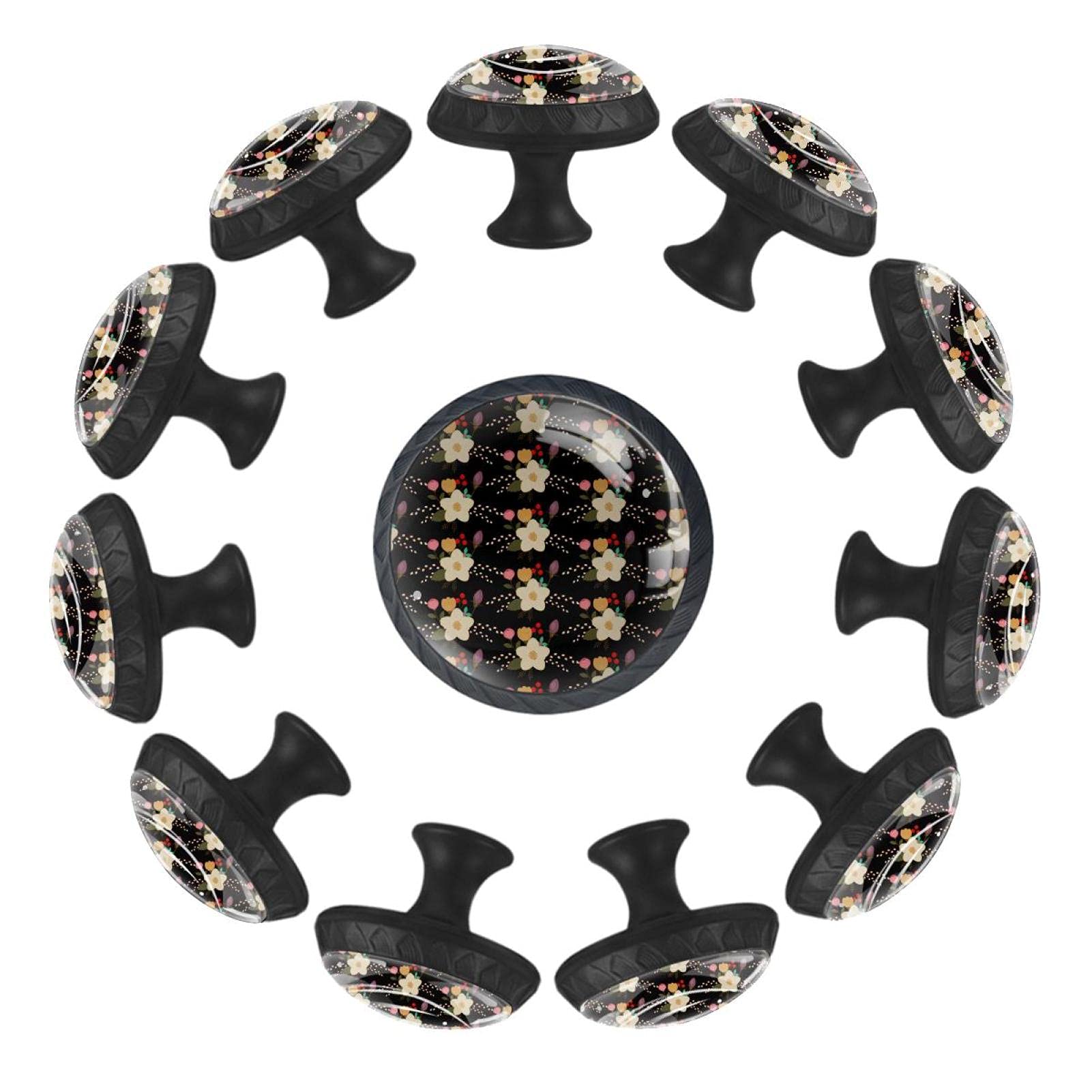 Bouton de tiroir motif floral sur fond noir avec lot de 12 boutons ronds 35 mm au style unique