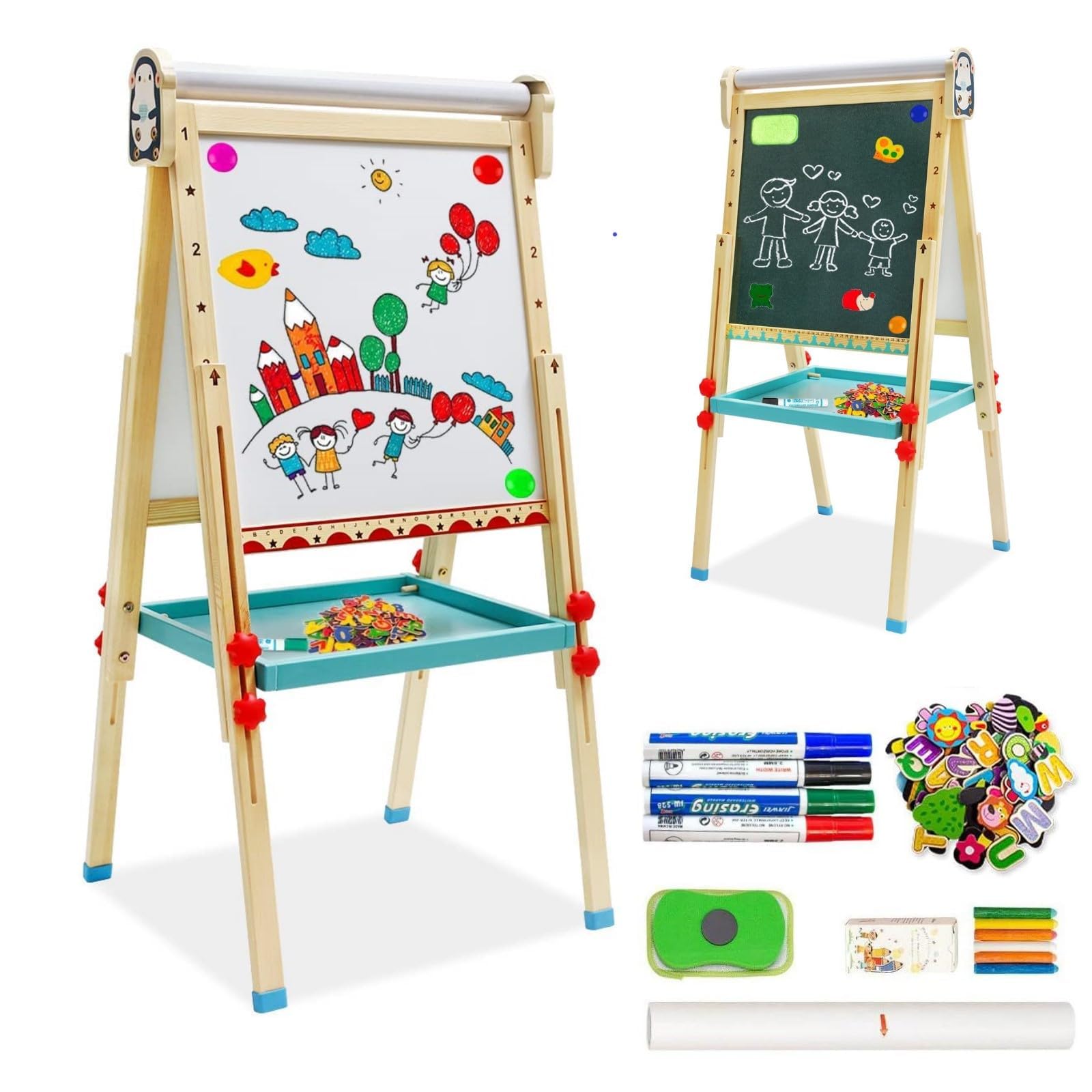 Lavagna in Legno per Bambini, Cavalletto per Bambini con Rotolo di Carta, Lavagna Bianca su Due Lati, con Numeri e Altri Accessori per 3 Anni ragazzi e Ragazze Regalo